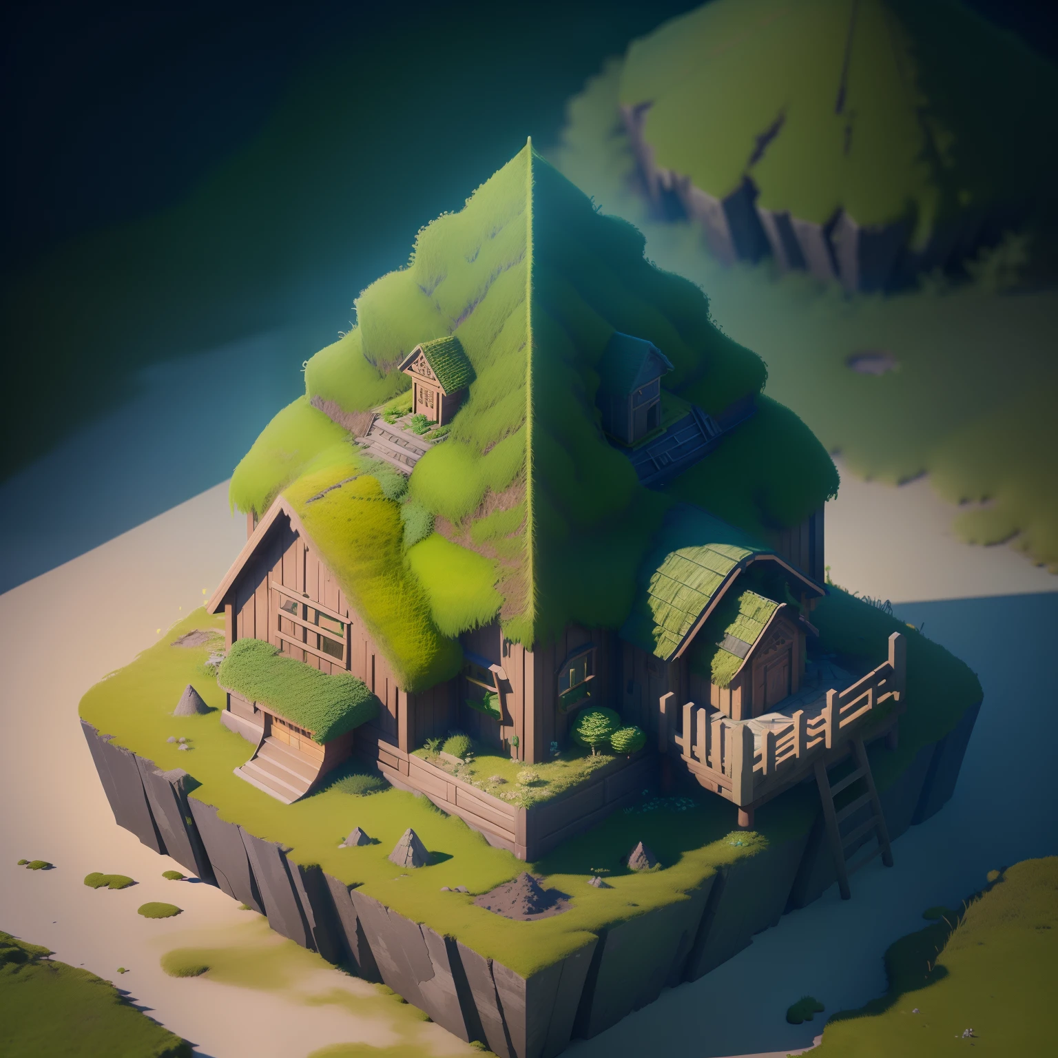 Isometric architecture,Masterpiece, Best quality, (Extremely detailed Cg Unity 8K wallpaper), (Best quality), (Best Illustration), (Best shadow), A round turnip hut covered with moss, Isometric 3D, rendering by octane,Ray tracing,Ultra detailed