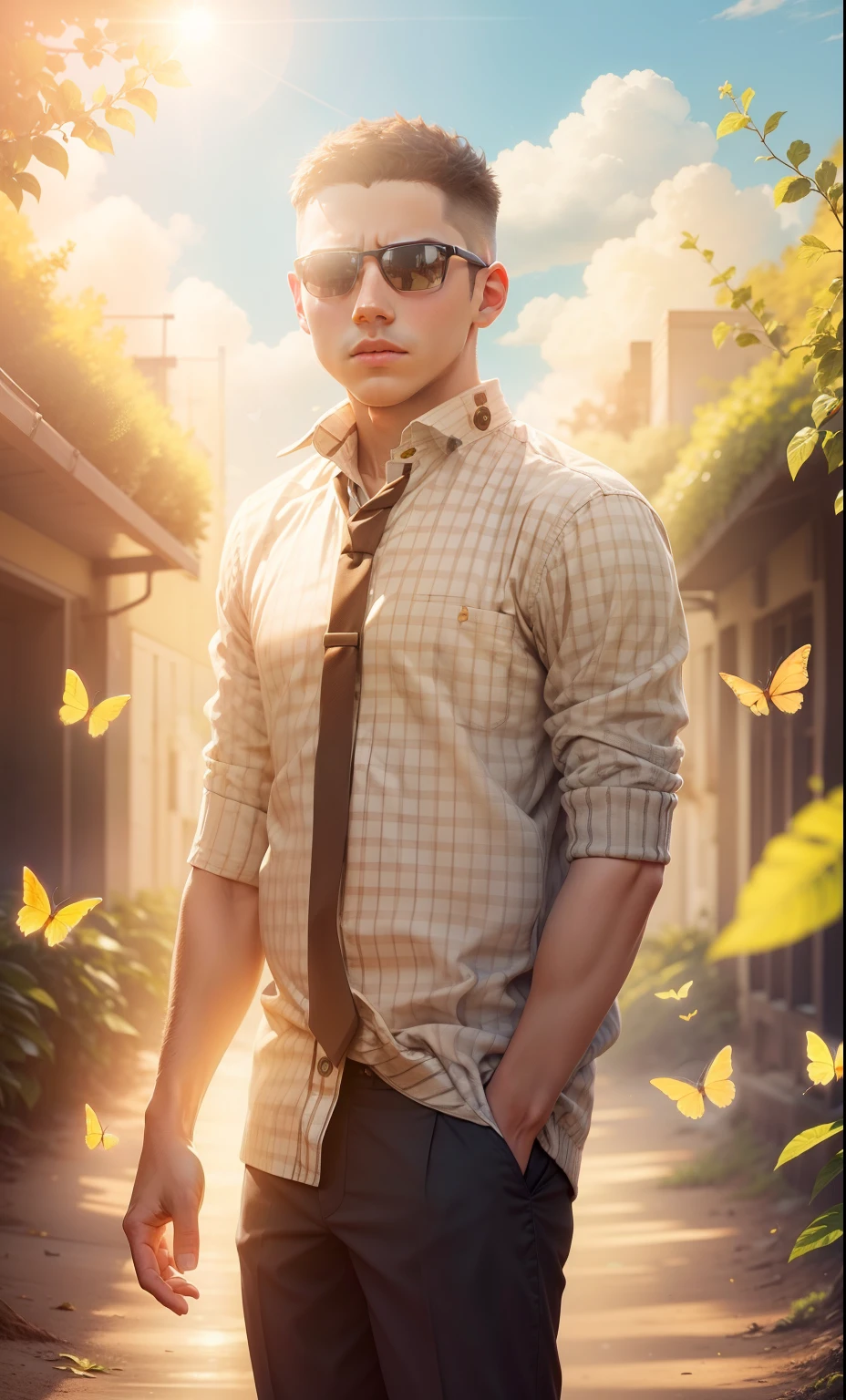 Change this background on image and looking smart boy and fantastic nature sunlight Sky butterfly