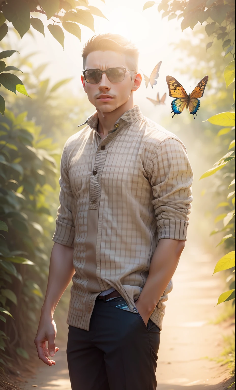 Change this background on image and looking smart boy and fantastic nature sunlight Sky butterfly