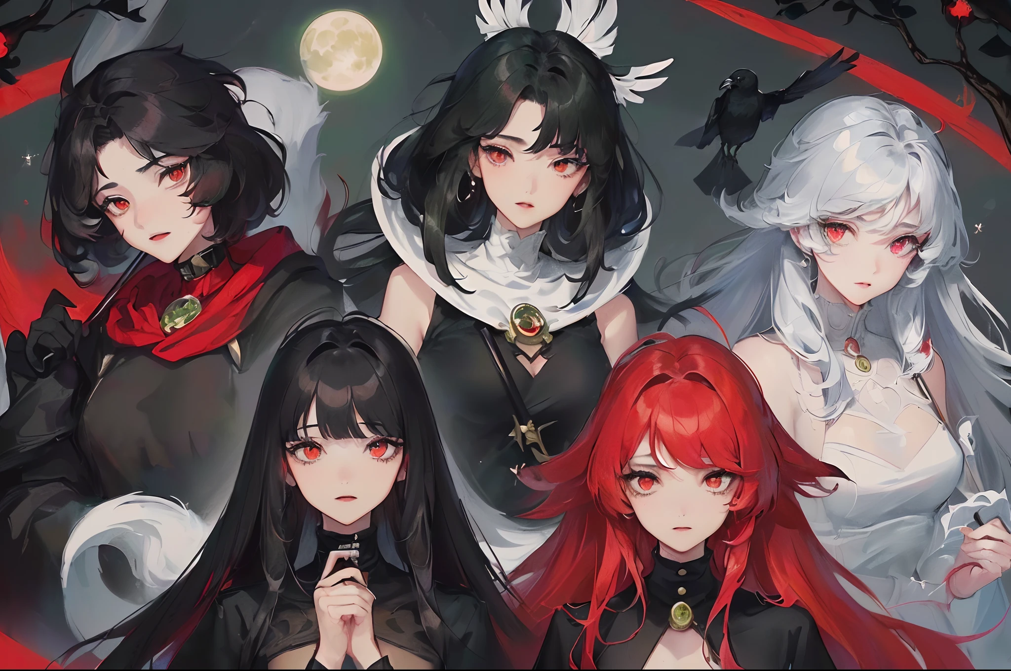 (((Painting style: mystical fantasy))), ((image quality: Extreme)), ((Background with: Curved paths,Twisted black trees)), ((Screen Principal: Black-clad and black-umbrella with three pairs of red-winged agers)), ((the detail: Twist animals,A crow with three heads,Three green moons,Three white suns,Countless bloodshot red eyes))