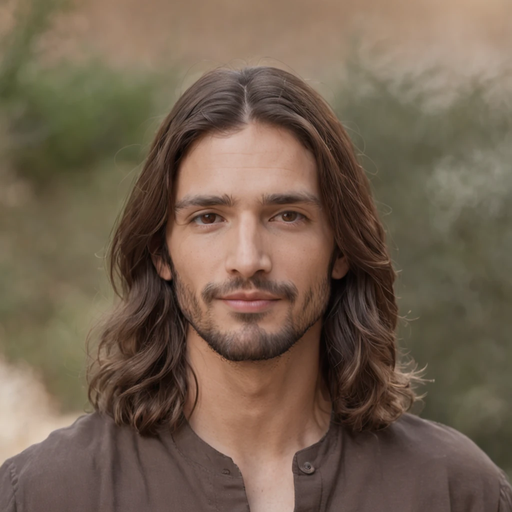 looking at camera,Pandora's Pastry Pub background, full face,Jesus of Nazareth is depicted in the image as a compassionate and gentle figure with shoulder-length, wavy brown hair cascading over his shoulders. His mesmerizing hazel eyes convey a profound sense of wisdom and empathy, radiating warmth and understanding. A serene smile graces his lips, illuminating his face with an otherworldly tranquility. He wears a simple, flowing robe of earthy tones, accentuated by intricate stitching along the edges, symbolizing humility and modesty. His outstretched arms bear the marks of crucifixion, reminding viewers of his ultimate sacrifice for humanity. The background reveals a serene landscape, bathed in a soft, ethereal glow, evoking a sense of divine presence. The image captures the essence of Jesus, portraying him as a beacon of love, forgiveness, and divine grace.((looking at camera))(extremely detailed face), (extremely ultradetailed eyes, extremely ultradetailed hair, extremely detailled