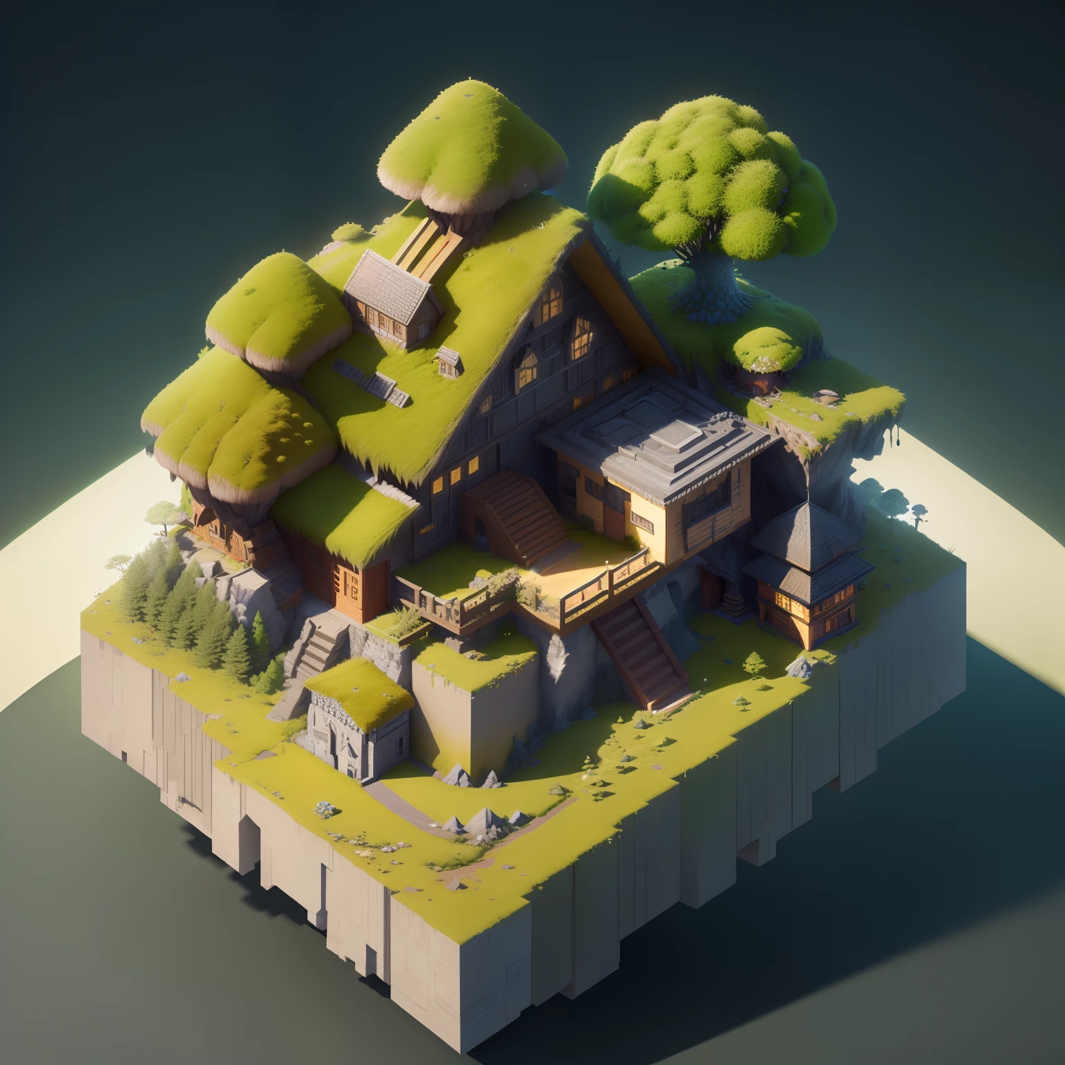 Isometric architecture，Masterpiece, Best quality, (Extremely detailed Cg Unity 8K wallpaper), (Best quality), (Best Illustration), (Best shadow), Mossy mushroom hut， Isometric 3D, rendering by octane,Ray tracing,Ultra detailed