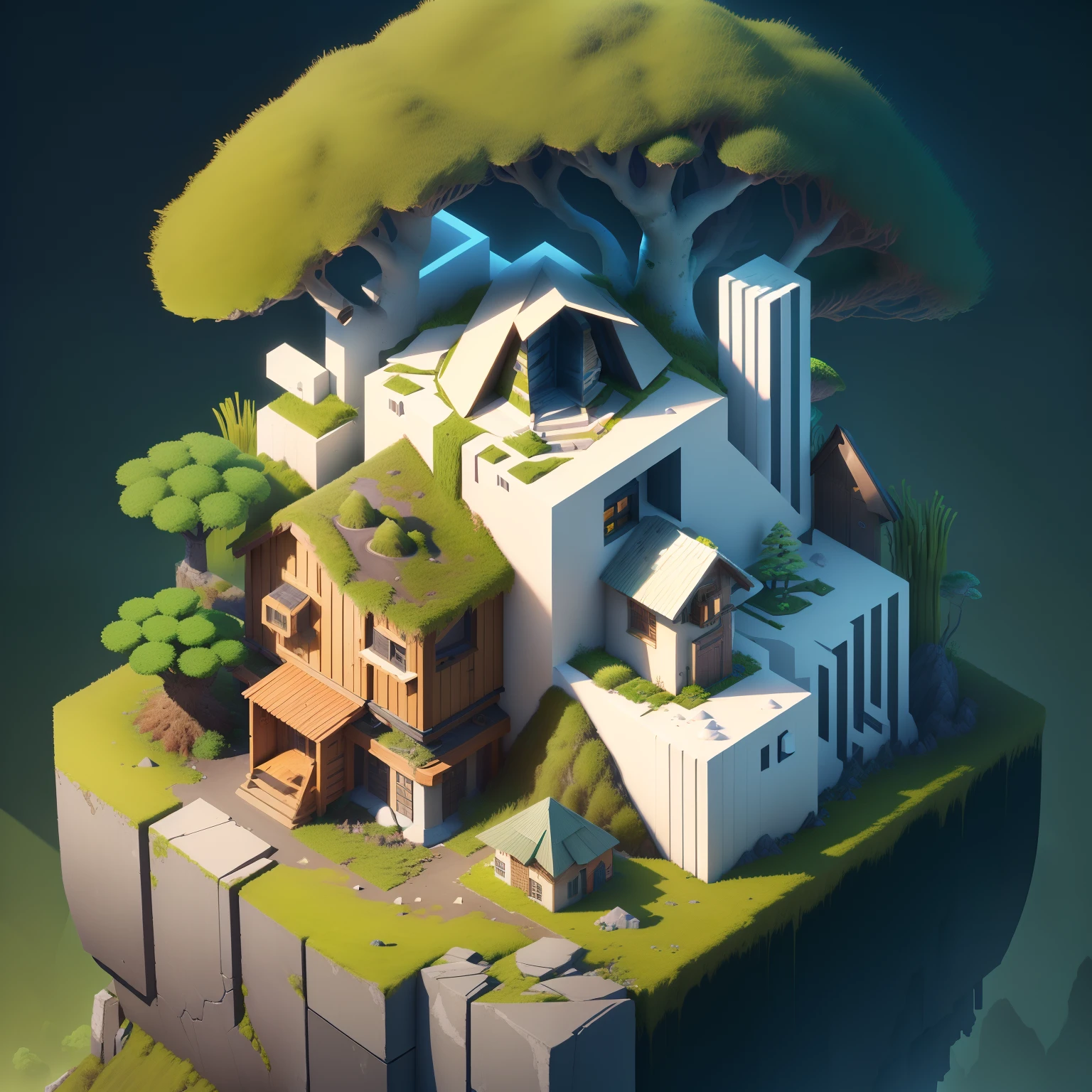 Isometric architecture,Masterpiece, Best quality, (Extremely detailed Cg Unity 8K wallpaper), (Best quality), (Best Illustration), (Best shadow), Mossy mushroom hut, Isometric 3D, rendering by octane,Ray tracing,Ultra detailed