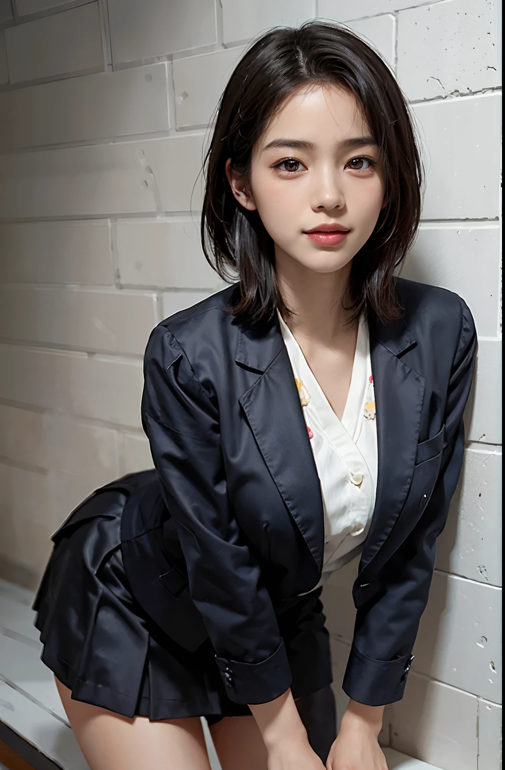 (8k, Best Quality, Masterpiece: 1.2), (Realistic, Photorealistic: 1.37), Super Detailed, 1 Girl, Cute, Alone, Beautiful Detailed Sky, Detailed Cafe, Night, Sitting, Date, ( Nose blush), (smile: 1.15), (close mouth) small breasts, beautiful details, (collared shirt: 1.1), night, wet, business wear, rain, white lace, (short hair: 1.2), floating Hair NovaFrogStyle,