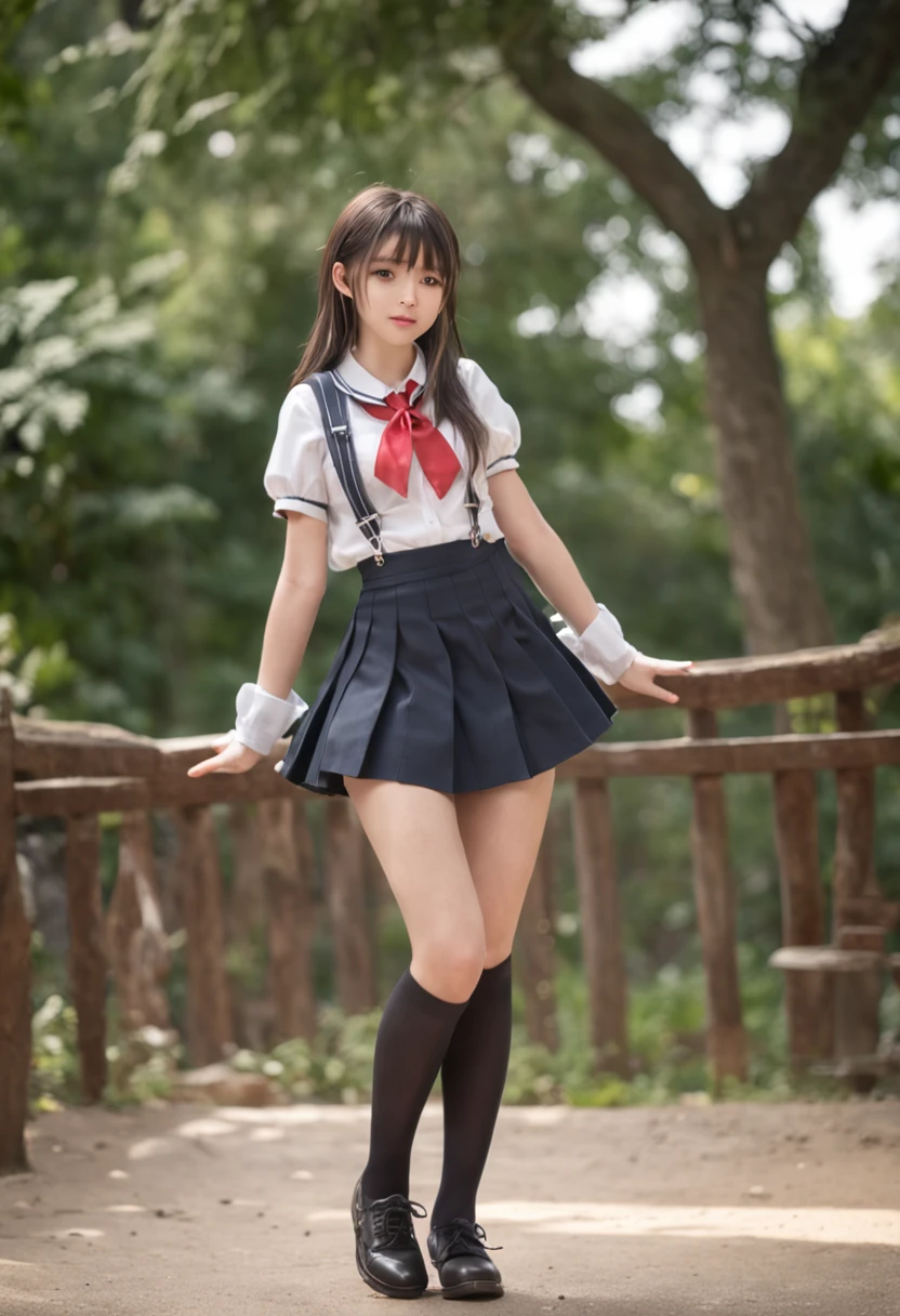 there is a woman in a short skirt and a shirt posing, small curvy , wearing skirt and high socks, thighhighs and skirt, anime girl cosplay, dressed as schoolgirl, cute schoolgirl, 8k , she is dancing. realistic, a hyperrealistic schoolgirl, lolidress, full body!, anime pose, of a schoolgirl posing