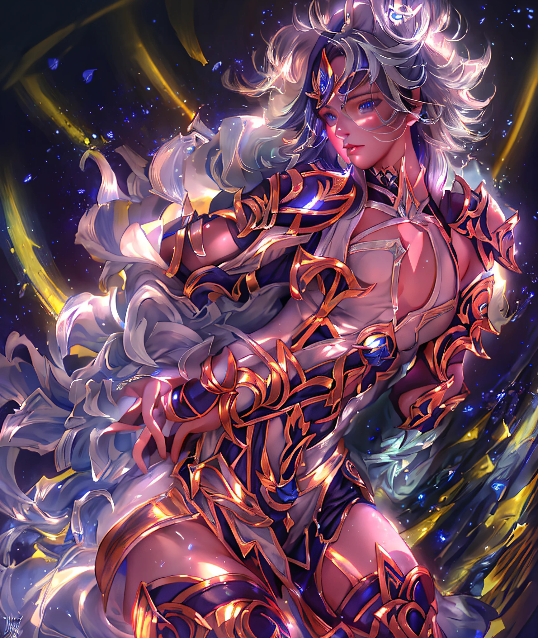 Ultra-high saturation,(tmasterpiece), fully body photo,(best qualtiy), (1girll), starryskybackground,Wearing shiny gold armor, Sexy lingerie type armor,Expose your chest,Expose the waistline,Exposing thighs,cool-pose, Saint Seiya Armor, messy hair,high detal, Anime style, Cinematic lighting, Sparkle, god light, Ray traching, filmgrain, hyper HD, textureskin, super detailing, Anatomical correct, A high resolution,Ultra-high saturation,hight contrast,High-gloss armor,Smooth skin,Serious expressions,Dark room,