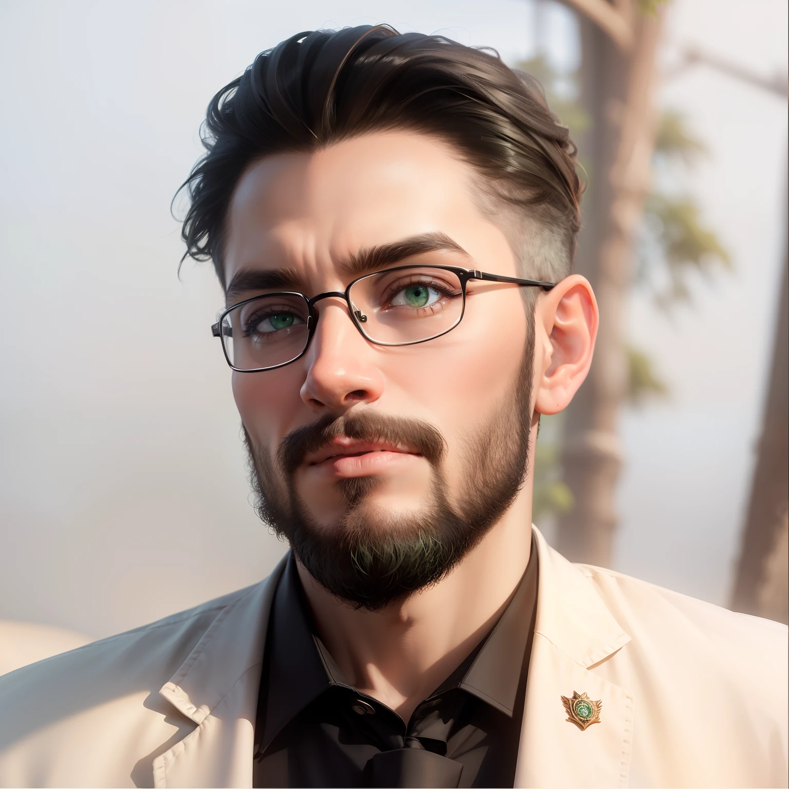 "Black glasses, digital artwork with a unique background, authentic facial expression, highly detailed photograph, originality, ultra-high resolution (8k), lifelike portrayal, captivating green eyes."