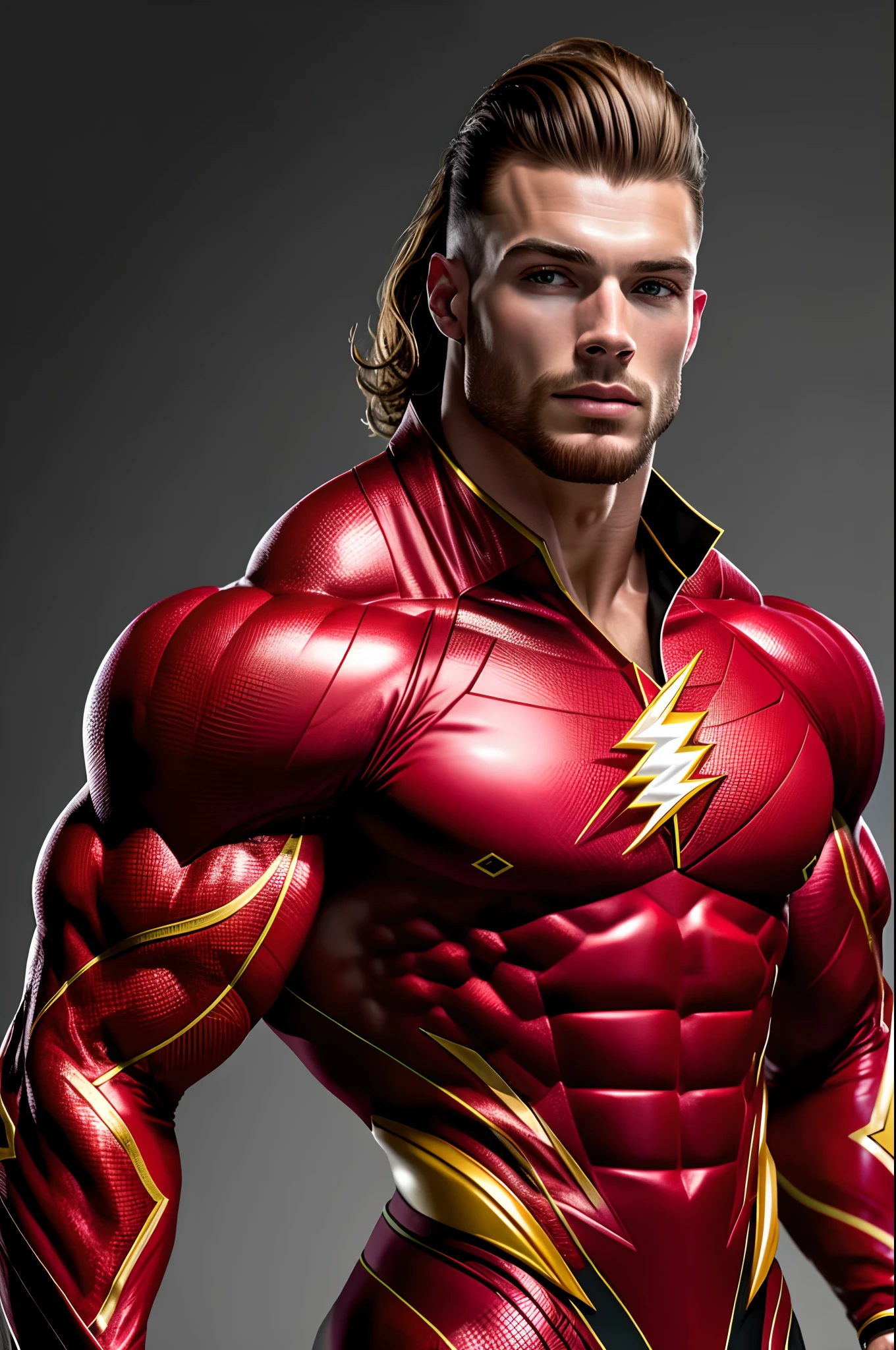 (16k, foto RAW, melhor qualidade, obra-prima: 1.2), ultra-detalhado, arte formal, foto realismo: 1.37, foto do corpo inteiro, (homem, beleza ,( CHRIS BUMSTEAD)film grain,  FLASH DC,action pose ((FLASH))detalhes,VERMELHO E AMARELO NA ROUPA,detalhes