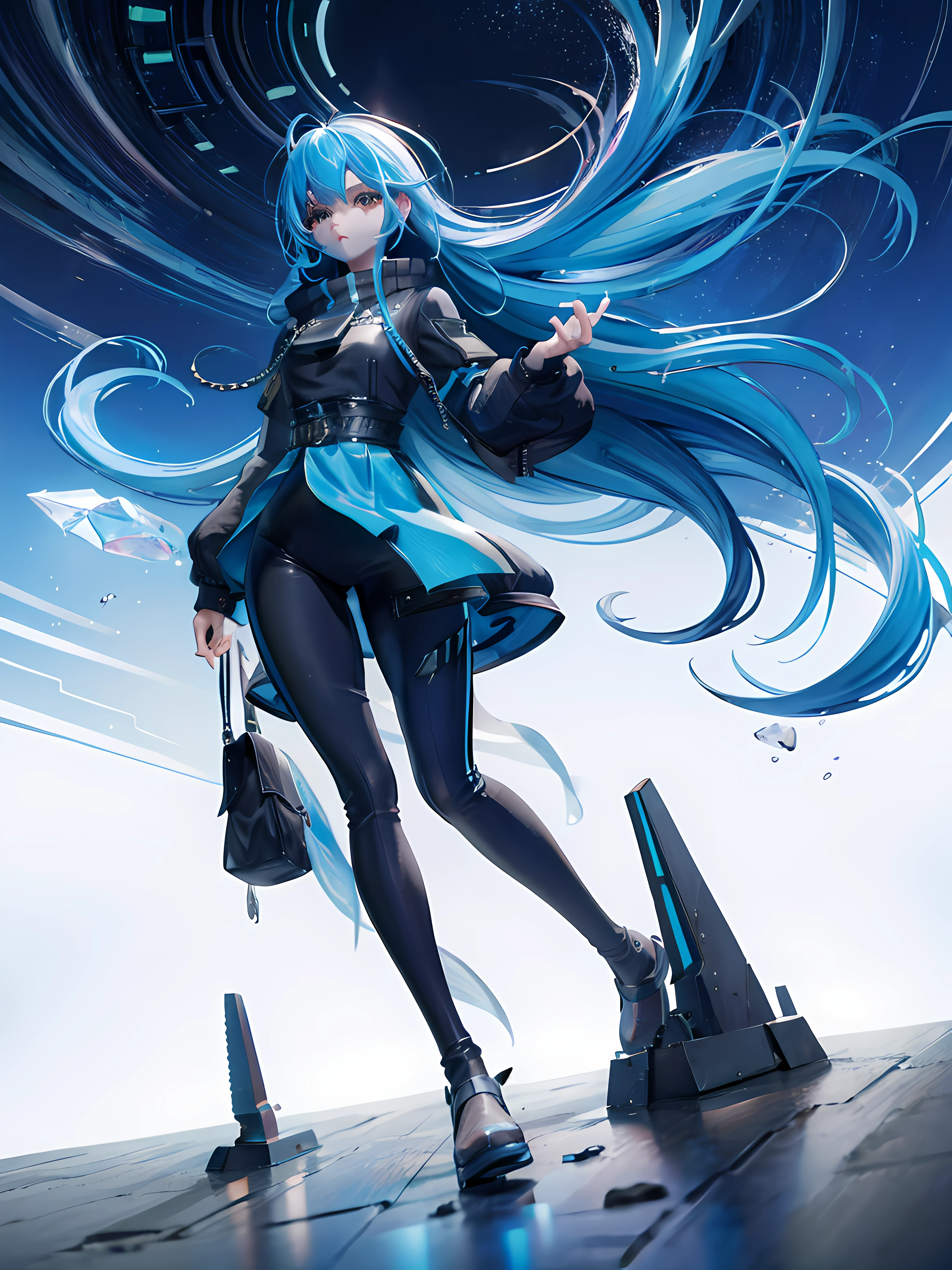 boy, long blue hair, techno wear, cityscape, crystal mountains, 8k, high resolution, intricate details, ultrasharp, masterpiece, looking at viewer