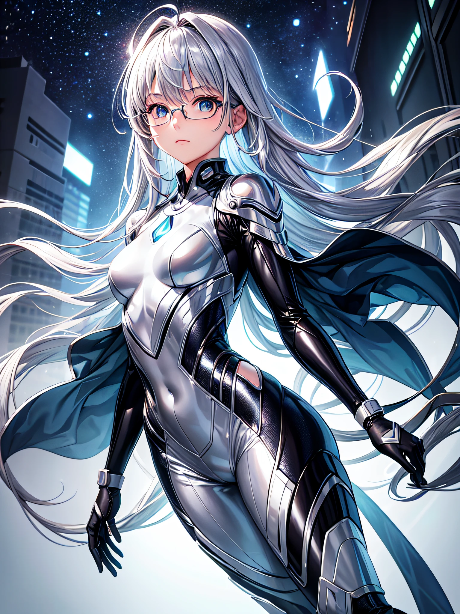 8K UHD、Silver-haired and small-nosed beauty in shiny silver full-body rider suit with glasses standing with legs open facing the front、Wearing a silver metallic rider suit、Upper Body Up