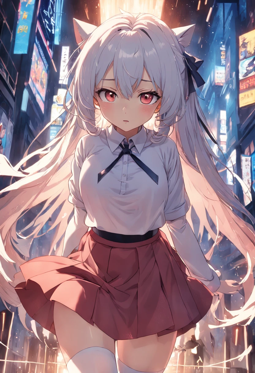 Leigh，Lie in bed，Lift the skirt，Fat-free，Big chest，Big eyes，short  skirt，Long hair，dual horsetail，White stockings，Leaking ，Split your legs