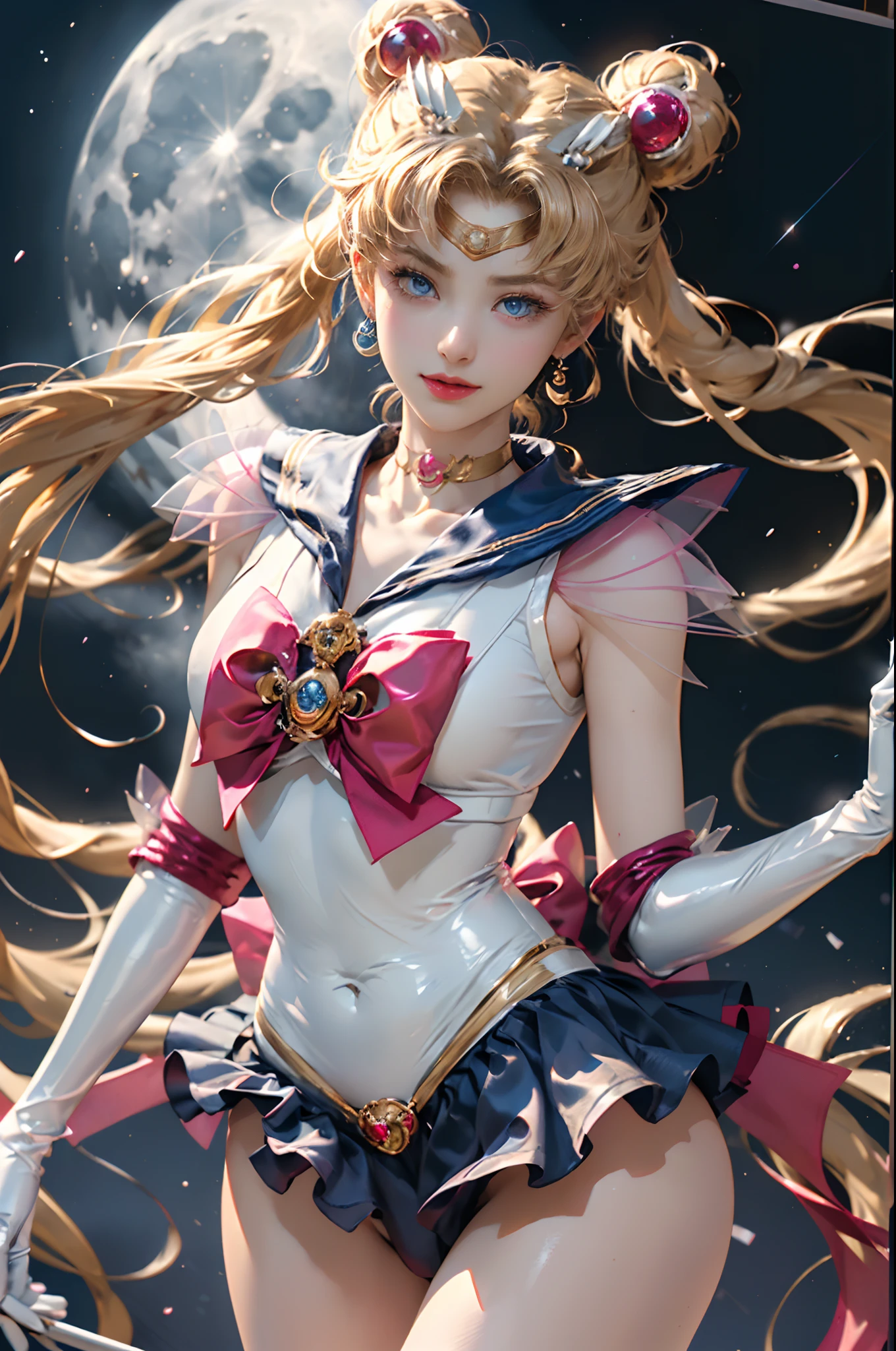 ​masterpiece、ful:1.3、stands、8K、3D、realisitic、Ultra Micro Photography、top-quality、Wallpapers with extreme details CG Unity 8K、frombelow、intricate detailes、(1 female)、28 year old、(Sailor Moon:1.6 Super Bishoujo Senshi Sailor Moon Mer1、meishaonv,tiarra、Sailor Senshi Uniform Sailor:1.5、sailormoon:1.5,Eternal Sailor Moon)、(Incredibly long bright twin-tailed blonde:1.4、Thin and very long straight twin tail blonde, Hair buns、Red round hair ornament in a hair bun)、((Sailor Senshi Uniform:1.4、Blue collar,Blue sailor color,Blue Pregate Ultra Mini Skirt:1.5、very large red bow on the chest,,Long white latex gloves,Red gloves on the elbows、Bare upper arms,Luxurious golden tiara on forehead、耳Nipple Ring,Luxurious Golden Jewelry、high leg swimsuit))、Very thin and fit high gloss white holographic leather、High Gloss White Latex High Leg Swimsuit That Shines Like Oil,(Details of face:1.5、Blue eyes、Beautiful expression、beautidful eyes、Outline of the iris, Eyes with highlights、thin lipss:1.5、thin and sharp pale eyebrows,、long eyeslashes、Double eyelashes、Thin, thin and muscular,,,、a small face、tall and large chest、perfectly proportions、big breasts thin waist、SEXY Model Pose、Dynamic Poses,Visible Pore、seducting smile、perfect hand:1.5、octan render、highly dramatic picture、(Lunar divinity,cosmic background、rays of moonlight、a moon、Dynamic backgrounds、exquisite lighting and shadow、dynamic ungle、细致背景),Strong natural light、sunlights、Digital SLR、foco nítido: 1.0、Maximum clarity and sharpness、mecha musume,(aausagi, double bun, twintails, parted bangs, circlet, jewelry, earrings, choker, red bow, white gloves, elbow gloves, blue skirt,(aausagi, double bun, twintails, parted bangs, hair ornament, circlet, jewelry, earrings, choker, see-through, red bow, white gloves, elbow gloves, multicolored skirt)
)