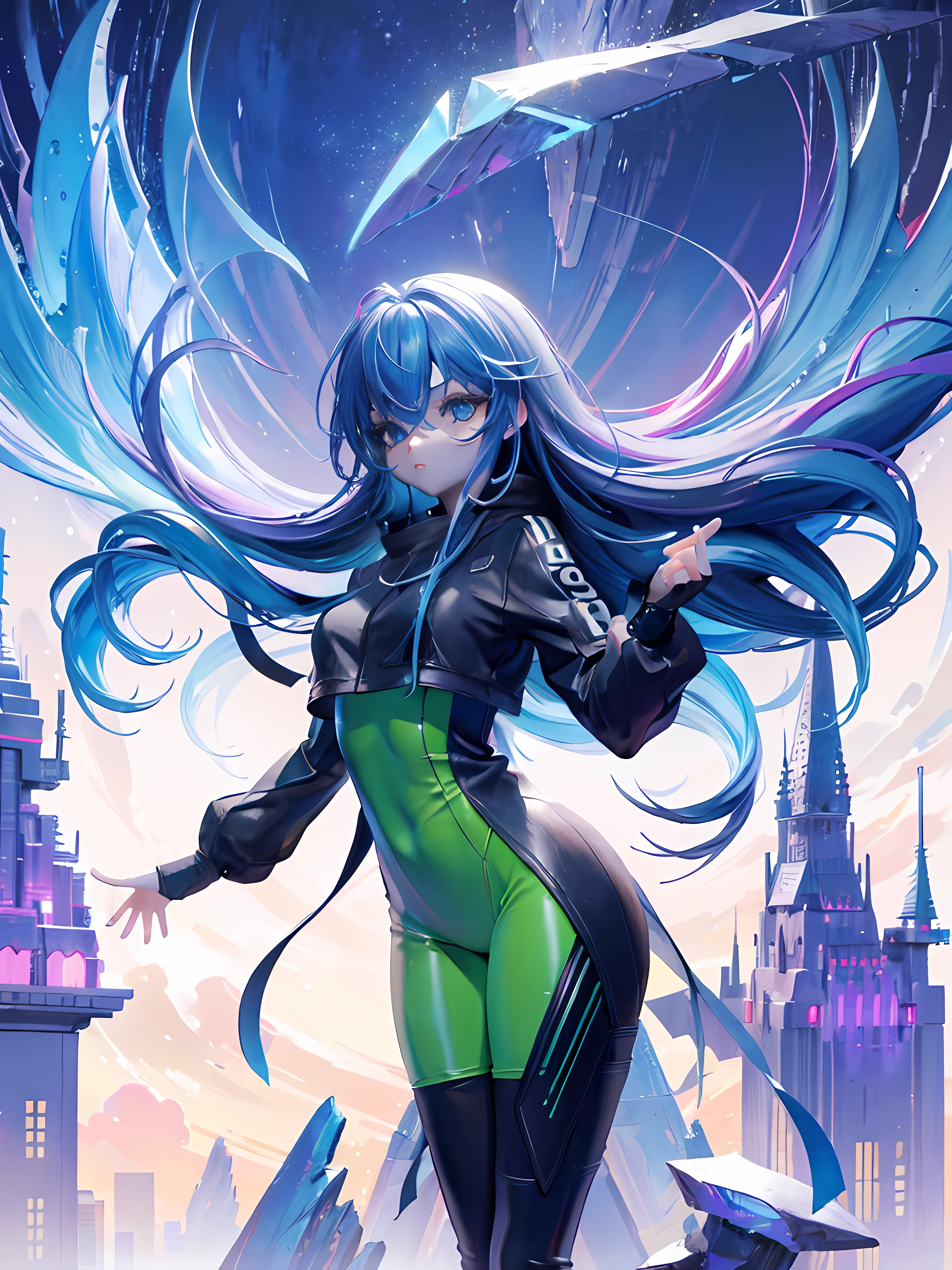 boy, long blue hair, techno wear, cityscape, crystal mountains, 8k, high resolution, intricate details, ultrasharp, masterpiece, looking at viewer