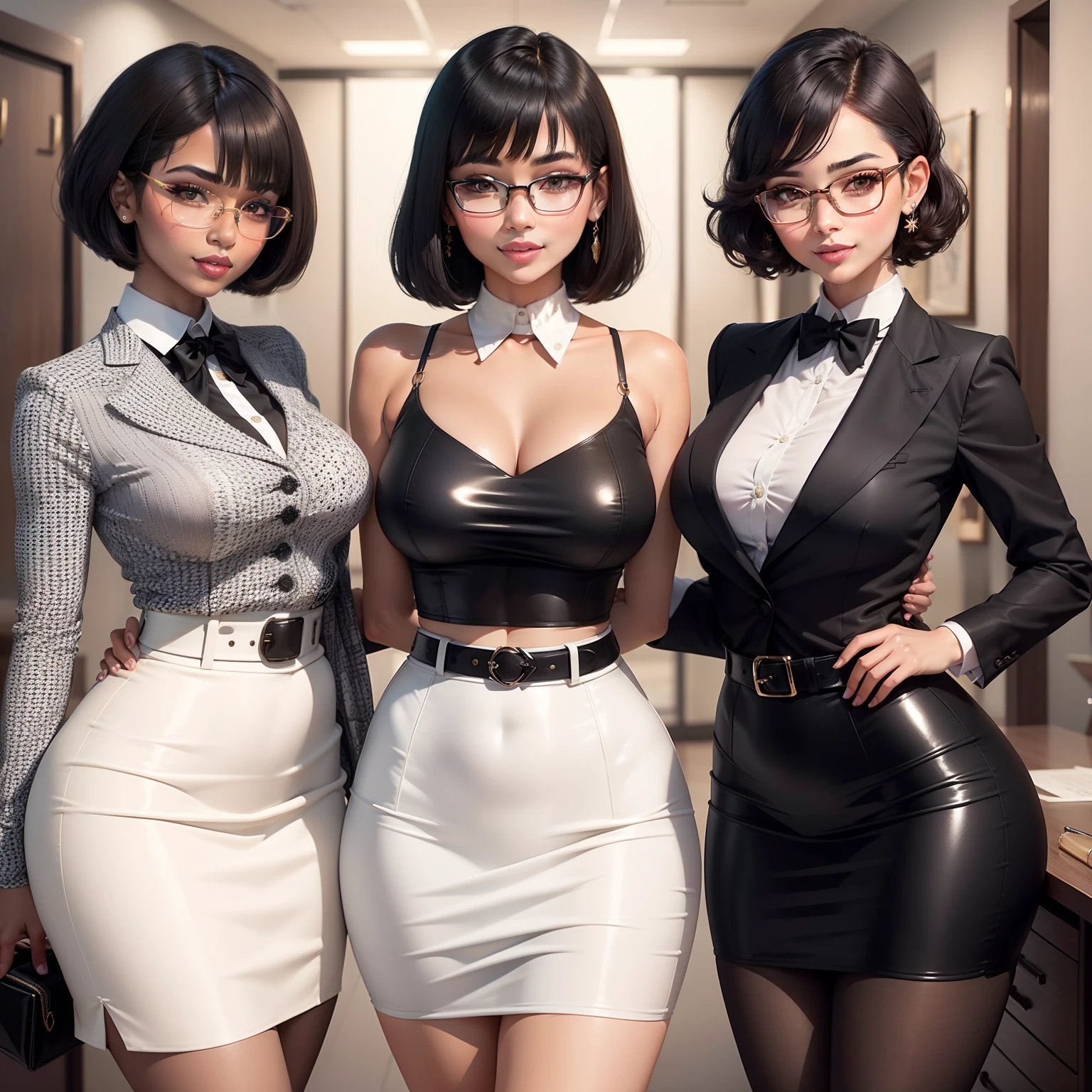 "Three stunning secretary girls with radiant smiles, impeccable makeup, and chic bob haircuts adorned with bangs, donning sleek eye covering glasses featuring mesmerizing spiral patterns, captured in a remarkable masterpiece that showcases their lifelike skin and elegant attire – stunning bow blouses and sleek pencil skirts and white belts.""