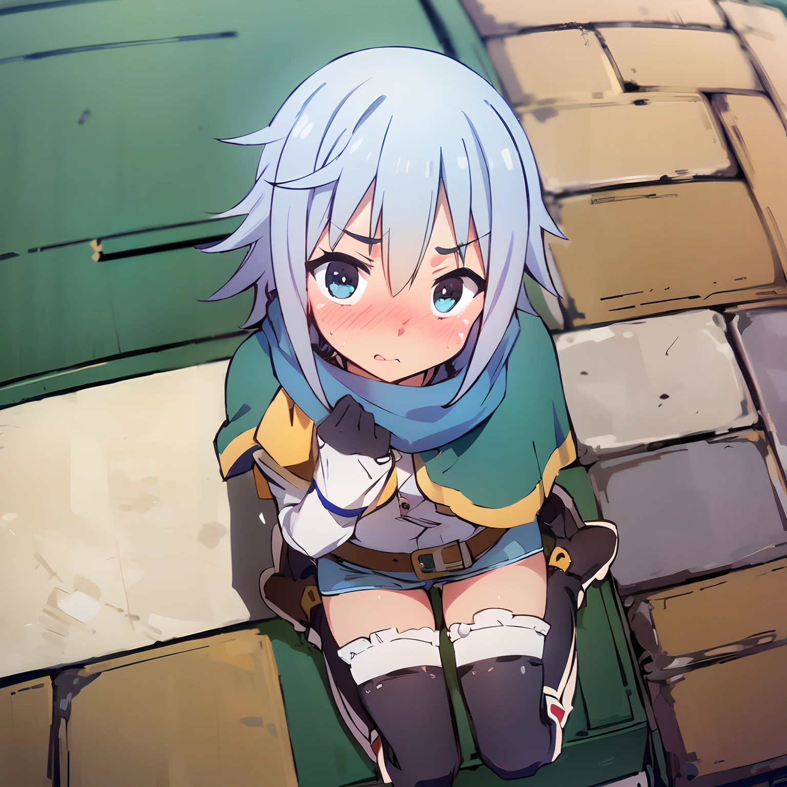 ((masterpiece,best quality, detailed)), outdoors, wariza, from above, blush, embarassed, (1girl, solo), chris \(konosuba\), blue shorts, black gloves, scarf, belt, boots, white thighhighs, bike shorts under shorts, capelet, bandeau, scar on cheek, single strap