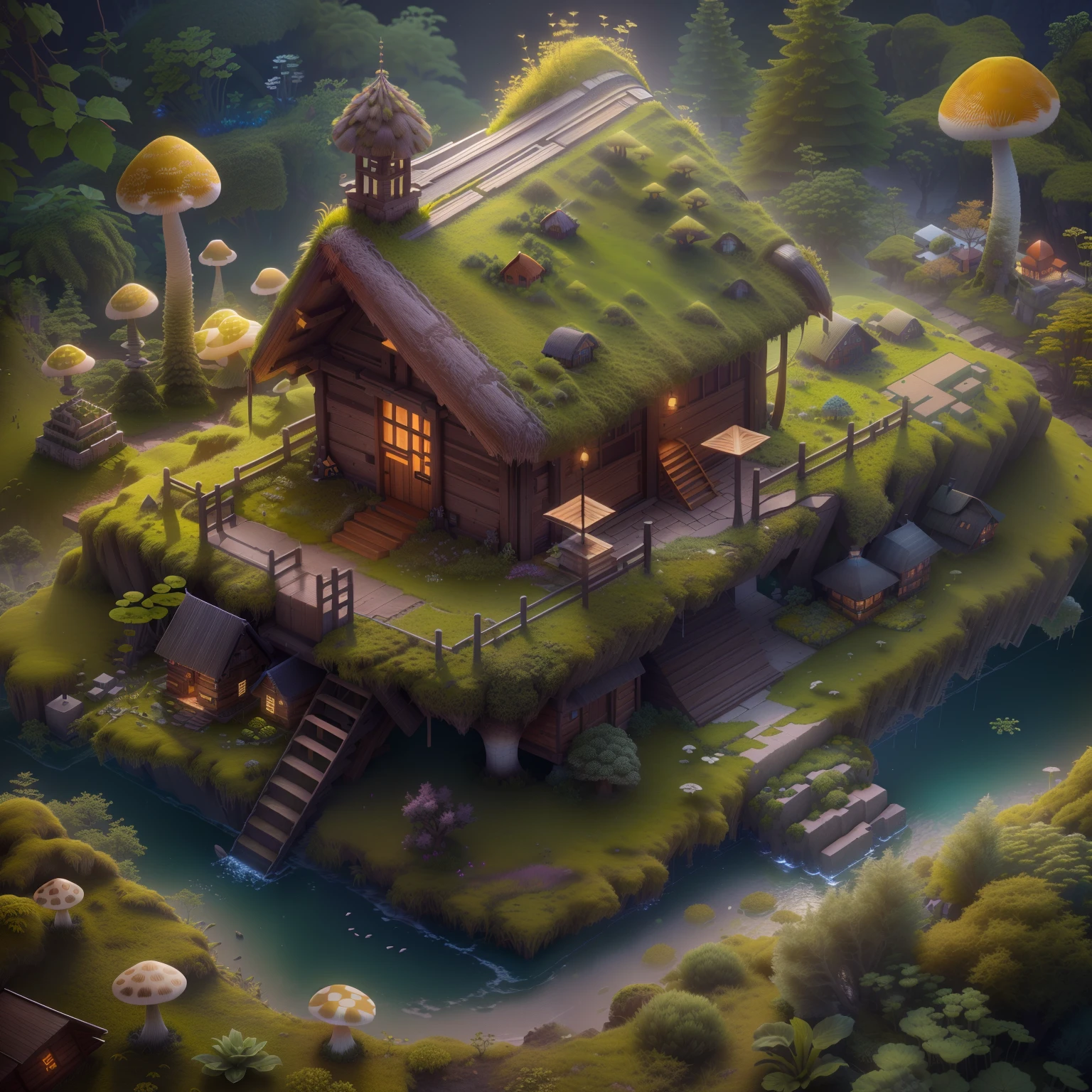 Isometric architecture,Masterpiece, Best quality, (Extremely detailed Cg Unity 8K wallpaper), (Best quality), (Best Illustration), (Best shadow), Mossy mushroom hut, Isometric 3D, rendering by octane,Ray tracing,Ultra detailed