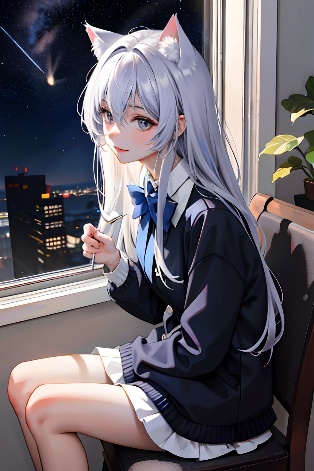 Cat girl，gentleness，Sit in front of the window，looking at the stars，The galaxy shines，long whitr hair，silber hair，Exotic