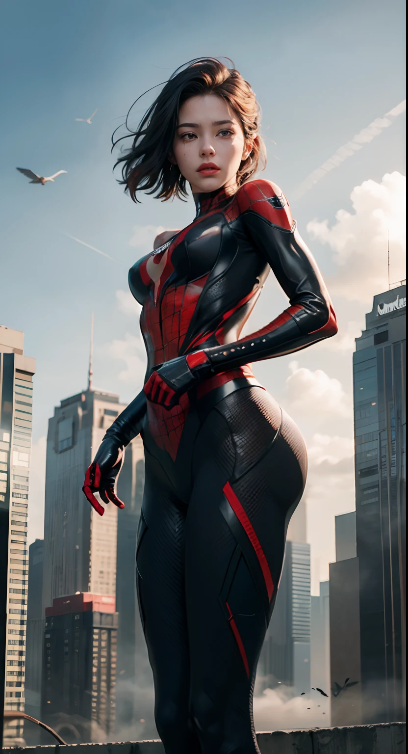 (1girl:1.3), solo, __body-parts__, official art, unified 8k wallpaper, super detailed, beautiful and aesthetic, beautiful, masterpiece, best quality, raw, masterpiece, super fine photo, best quality, super high resolution, photorealistic realism, sunlight, full body portrait, amazing beauty,, dynamic pose, delicate face, vibrant eyes, (from the front), she is wearing a Spider-man suit, red and black color scheme, spider, very detailed abandoned warehouse background, Detailed face, detailed complex busy background, messy, gorgeous, milky white, highly detailed skin, realistic skin details, visible pores, sharp focus, volumetric fog, 8k uhd, DSLR, high quality, film grain, fair skin, photo realism, lomography, huge metropolis in future dystopia, seen from below, translucent