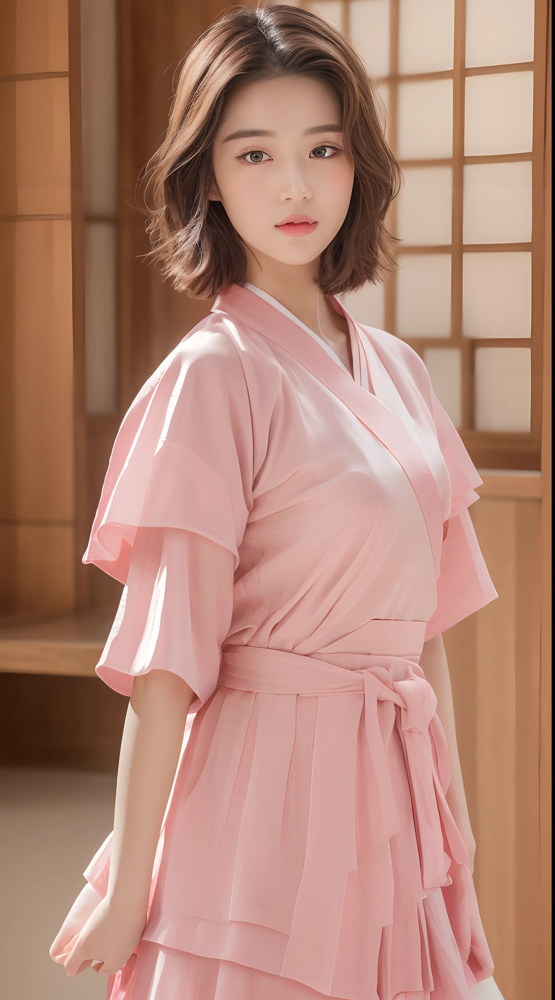 ((Best quality, 8k, Masterpiece :1.3)), Sharp focus :1.2, Perfect Body Beauty:1.4, Slim Abs:1.2, ((Layered Hairstyle:1.2)), (Pink Summer Hanbok: 1.1), (Indoor: 1.2), Highly detailed face and skin texture, Fine eyes, Double eyelids,