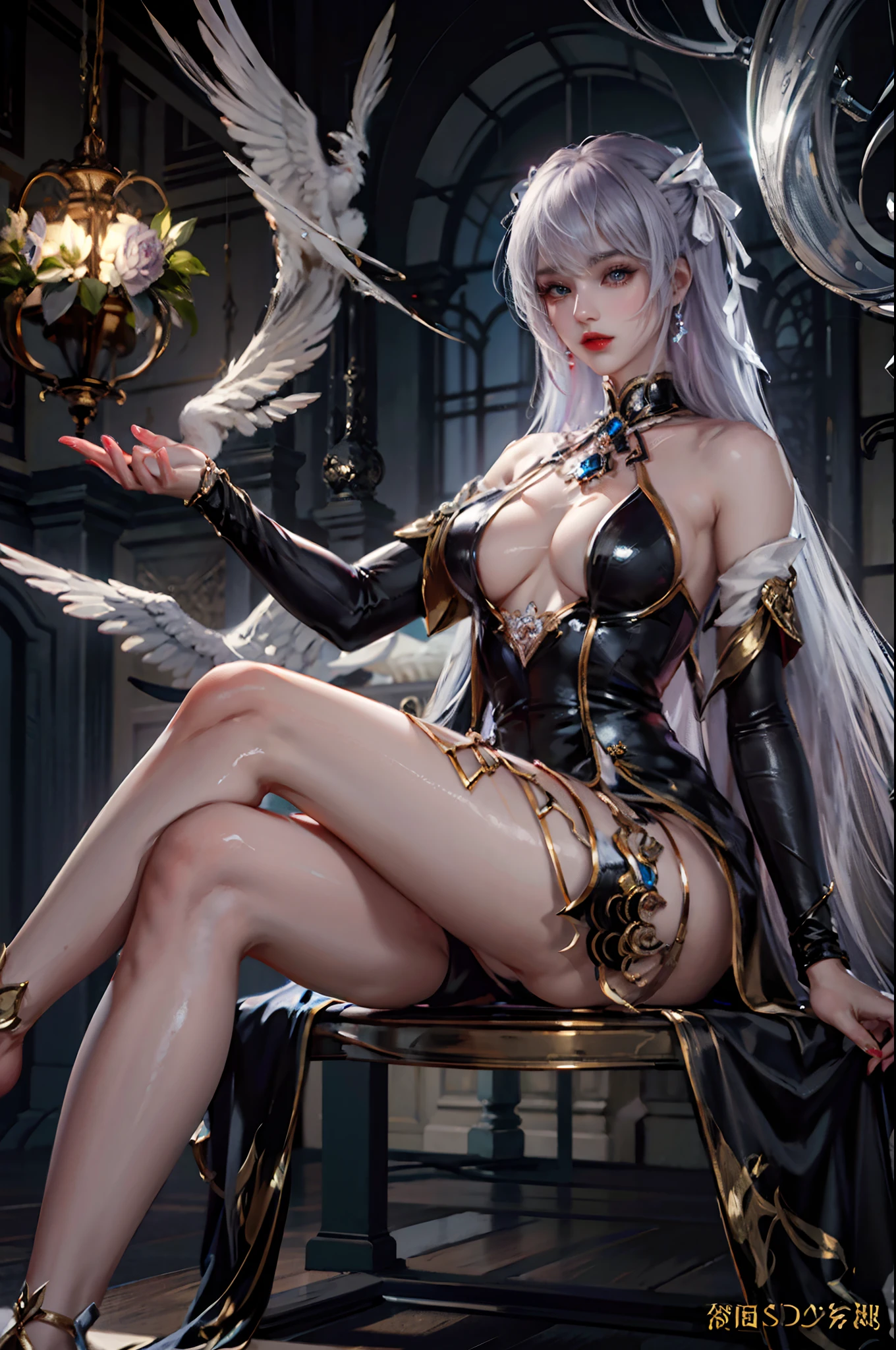 Royal sister，Detailed eyes，详细的脸，mature face，Long azure hair，Ripe body，Tall body，Seductive body，Long legs，8k，k hd，fleshy feeling，Lilac translucent lace，White plump delicate body，Beautiful face，Cherry small mouth，Beautiful and delicious（3D  royal sister），a plump buttocks， jade foot，