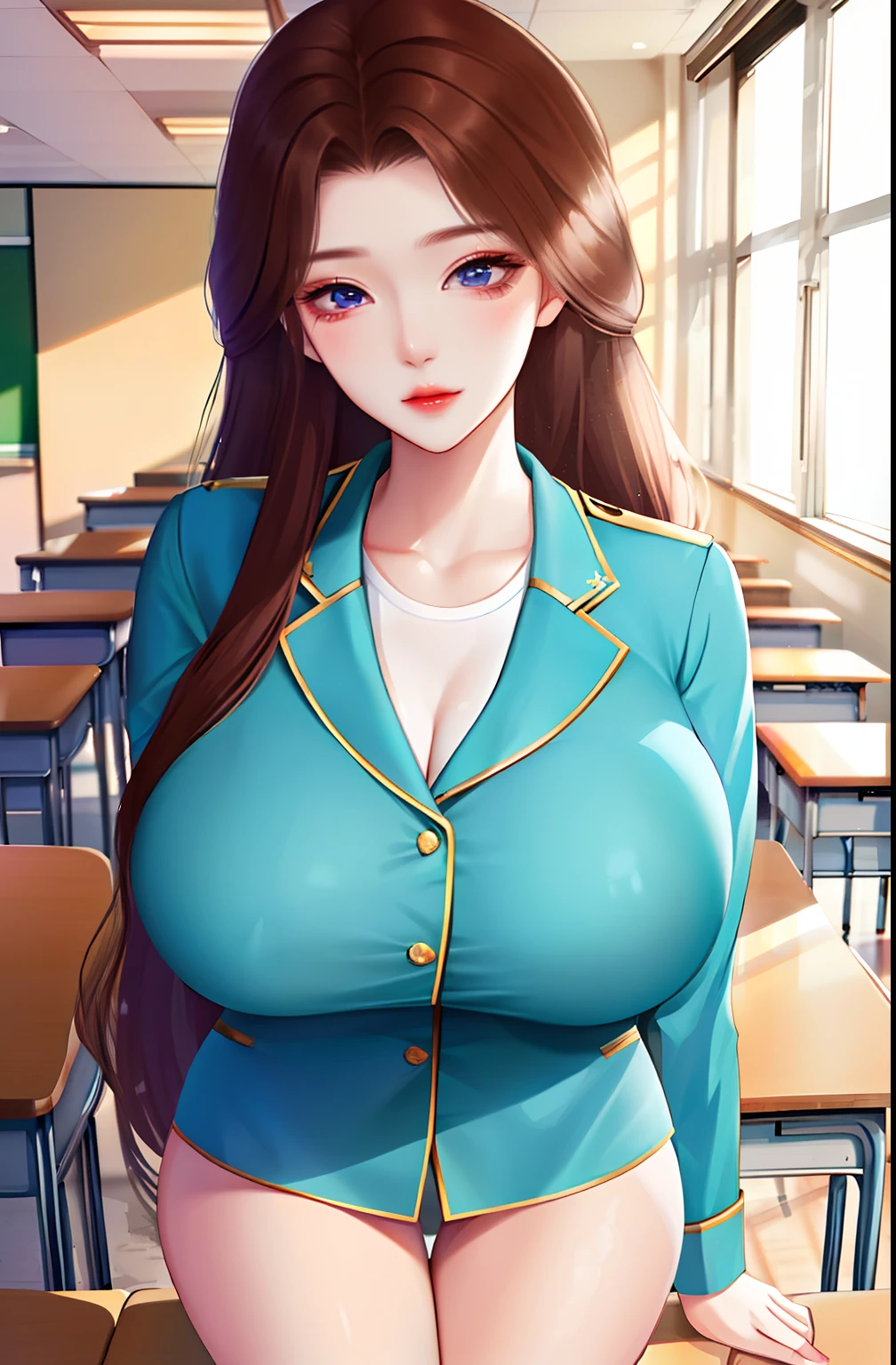 1girl,koreangirl age 12,very beautiful detailed face,student uniform,super big breast,(P cup), Beautiful Girl, sexy body, in Classroom