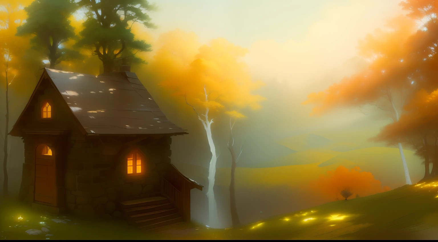 painting of a small stone house in a wooded area with trees, inspirado por Carl Spitzweg, pintura fosca guache, pintura estilizada, pintado como uma arte conceitual de jogo, pintura de ambientes, uma pintura digital, Karl Spitzweg. Motor irreal, illustration matte painting, arte conceitual de pintura digital, pintura digital detalhada, uma pintura digital expressiva, Arte de fundo