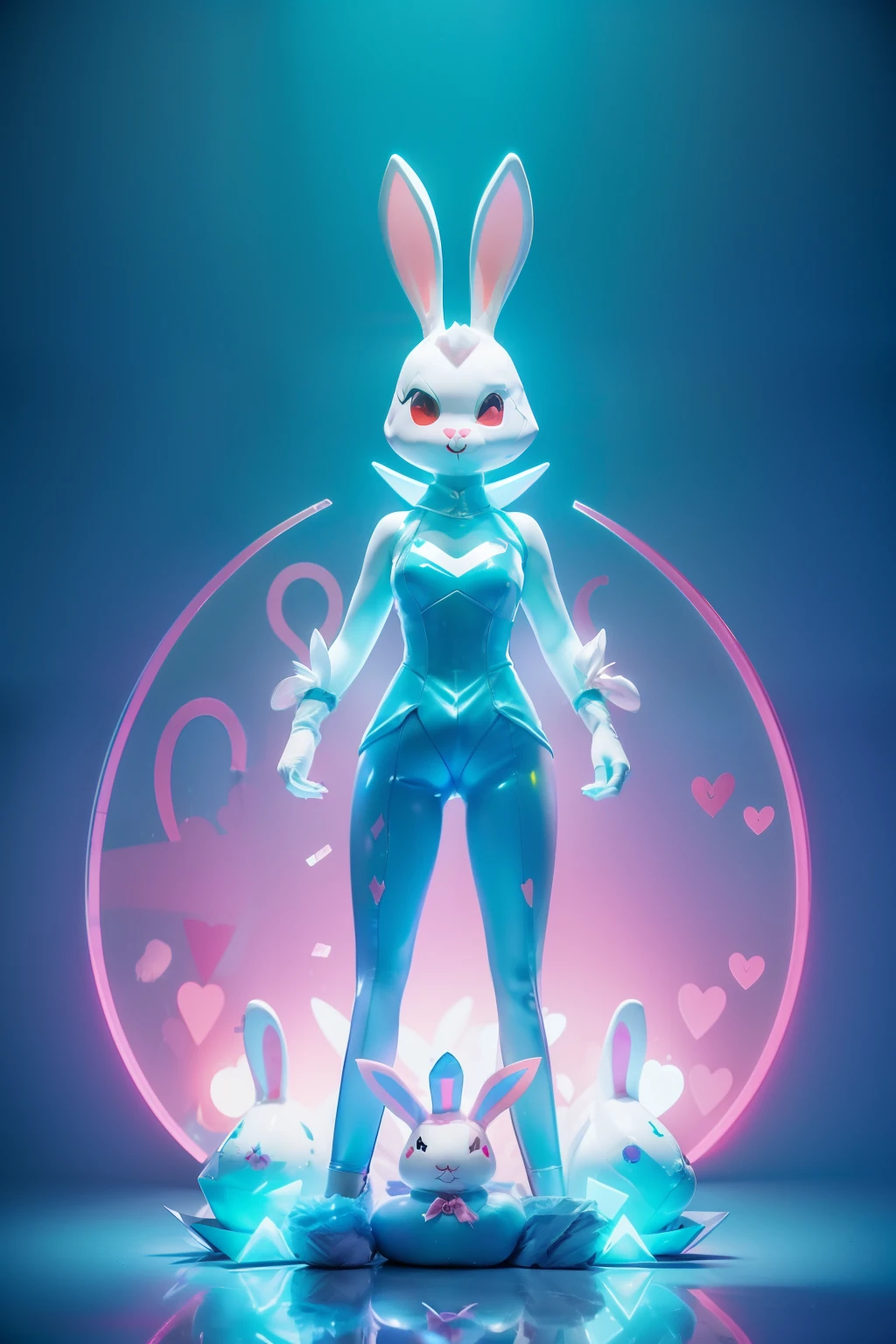 (((edgBunny))),edgBunny,(((Behind it is a huge rabbit))),A woman of outstanding figure,jewely,Amazing work,Vitreous luster,clean backdrop,High gloss,blue colors,In pink,cyan colors,red colour