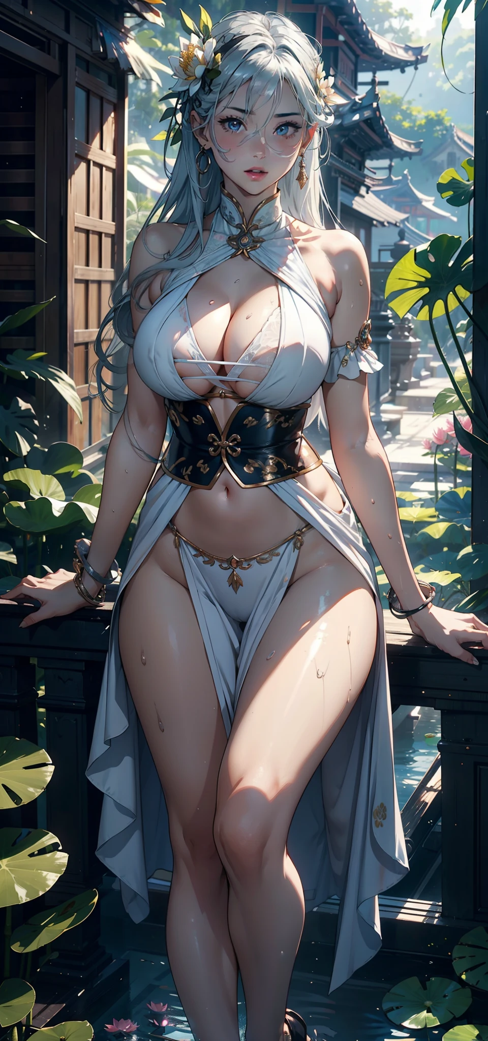 1female，35yo，熟妇，long leges，Big breasts Thin waist，Slim，huge-breasted ，Pornographic exposure， 独奏，（Background with：bamboo forrest，lotuses，lotus flower，exteriors，Lotus pond） She has short silver-white hair，standing on your feet，Sweat profusely，drenched all over the body，seen from the front， hair straight， mostly cloudy sky，（（（tmasterpiece），（Very detailed CG unity 8K wallpaper），best qualtiy，cinmatic lighting，detailed back ground，beatiful detailed eyes，Bright pupils，Black eyes，（Very fine and beautiful），（Beautiful and detailed eye description），ultra - detailed，tmasterpiece，）），facing at camera，A high resolution，ultra - detailed），revealing breasts，Bare genitalia，  Bulge，legs are open，Raised sexy，Camel toes，Flushed complexion，Open-mouthed，frontage，silver ornaments，（Wearing：HmongCostume，Blue ultra-short pleated skirt，nakeness，Leakage out of the breast）