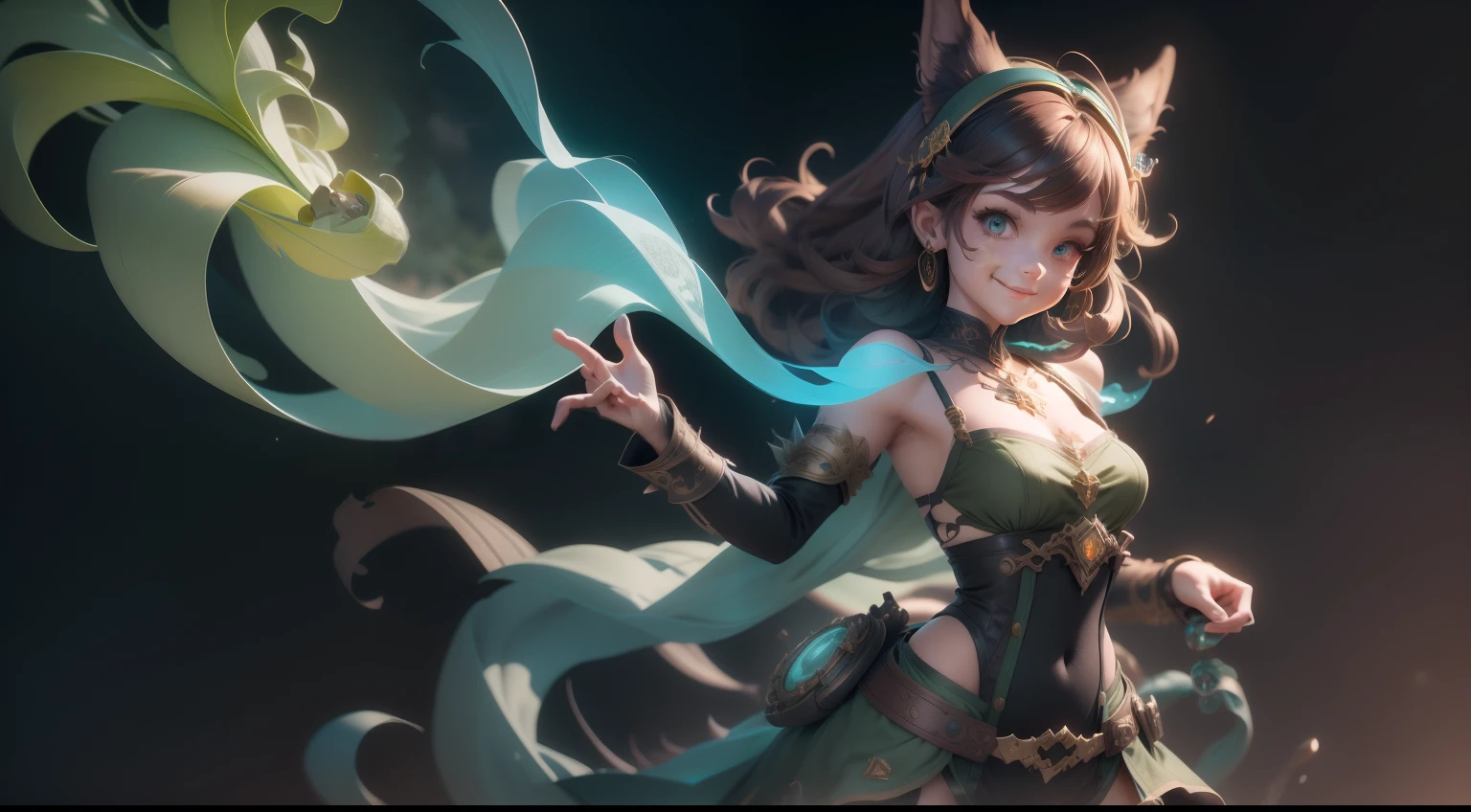 A stunning full body portrait of a magical fantasy，A steampunk woman in a dark green dress, The low-cut neckline accentuates femininity, Small ears, Brown hair, Smiling happy, Dynamic pose, DnD, fantasy, Extreme detail, 4K, Ultra HD, trending on artstationh, Polished, Radiant, vibrant, Backlight, 8K Ultra HD, Unreal Engine 5 potions, intricately details, 3D video rendering