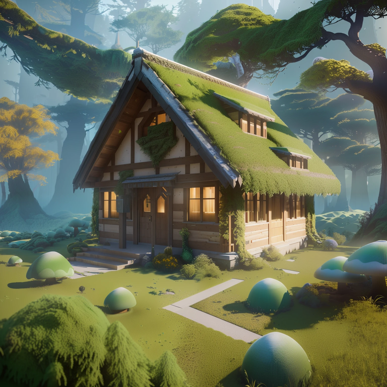 Isometric architecture，Masterpiece, Best quality, (Extremely detailed Cg Unity 8K wallpaper), (Best quality), (Best Illustration), (Best shadow), Mossy mushroom hut，Cogumelos， Isometric 3D, rendering by octane,Ray tracing,Ultra detailed