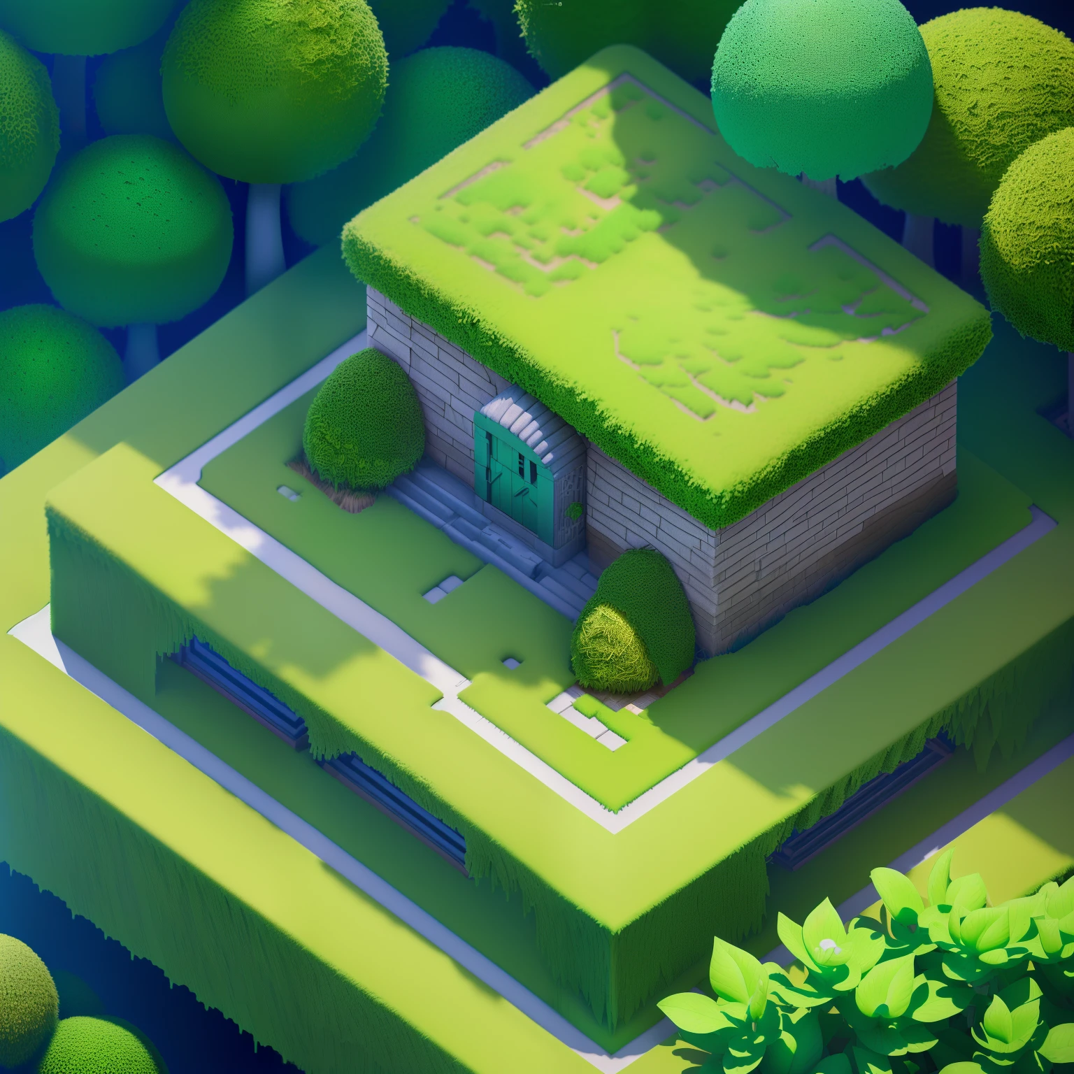 Isometric architecture，Masterpiece, Best quality, (Extremely detailed Cg Unity 8K wallpaper), (Best quality), (Best Illustration), (Best shadow), Mossy mushroom hut，Cogumelos， Isometric 3D, rendering by octane,Ray tracing,Ultra detailed