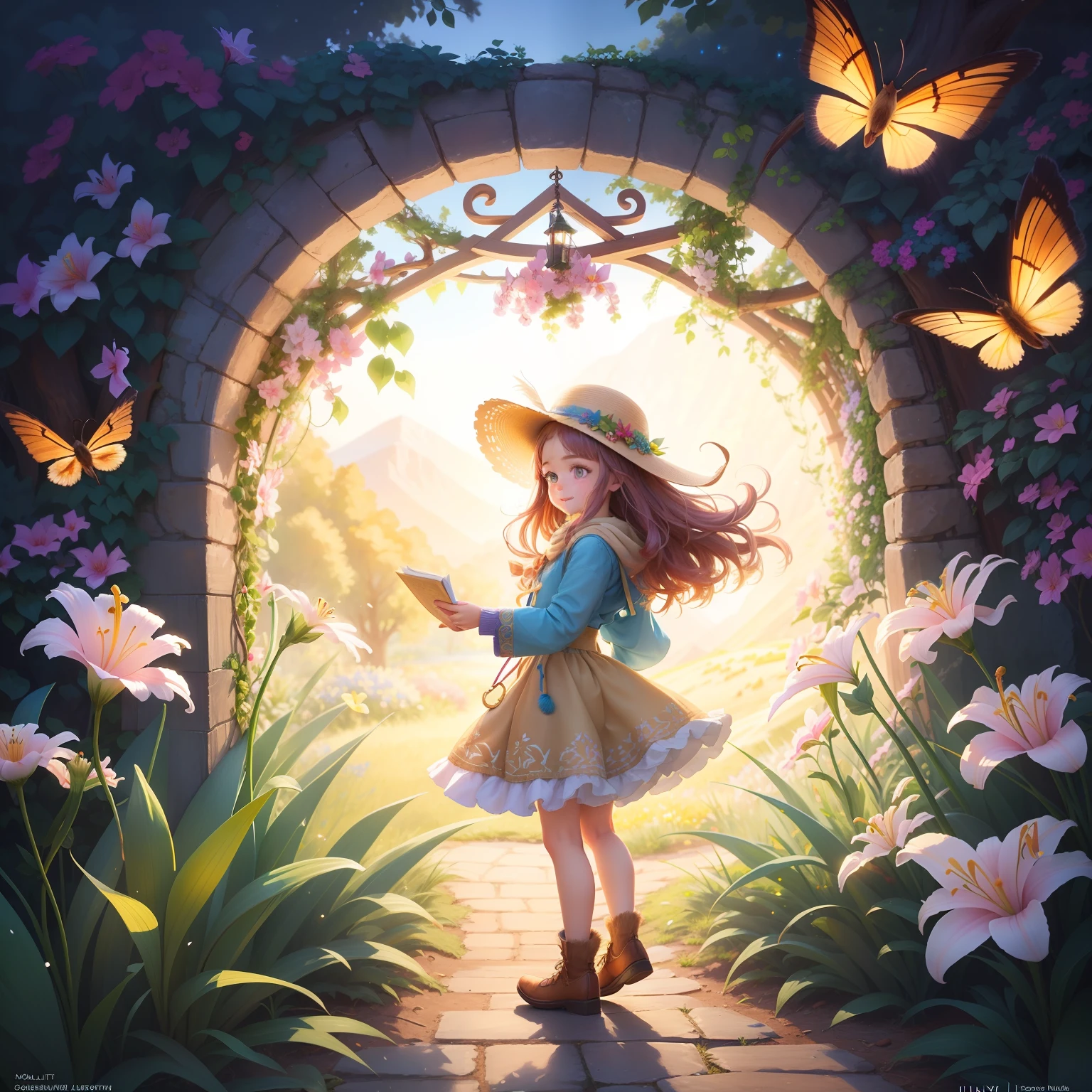 Create a captivating illustration depicting Lily, a young girl with a sense of adventure, as she steps through a radiant gateway into a world of enchantment. Lily stands at the gateway's threshold with a mixture of excitement and awe on her face. Her foot has just crossed the threshold, symbolizing her transition from the ordinary into the extraordinary. The gateway itself emits a soft, ethereal light, casting a gentle glow on Lily's figure. Surrounding her are vibrant trees, each unique in its shape and color, forming a natural archway that frames the gateway and Lily's journey.
The animals of the Land of Uniqueness gather around Lily, welcoming her with cheerful expressions and lively movements. A squirrel perches on a branch, its fluffy tail adding a playful touch to the scene. A friendly deer with intricate patterns on its coat approaches Lily, its eyes filled with curiosity and kindness. Nearby, a colorful bird with exotic feathers perches on a tree limb, its melodious song adding to the magical ambiance.
As Lily steps further into the Land of Uniqueness, the landscape unfolds before her eyes. Rolling hills, vibrant meadows, and distant mountains create a sense of depth and wonder. The world seems alive with color and energy, radiating the spirit of exploration and discovery. The details of the landscape and the expressive interactions between Lily and the animals should capture the essence of a magical adventure and encourage viewers to join Lily on her journey.
