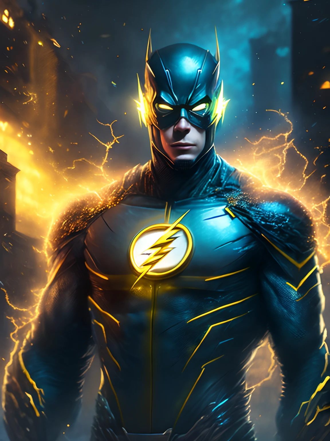 gloomy portrait of Flash Yellow Lantern from DC, extremely detailed, futuristic cityscape, nighttime, glowing neon lights, smoke, sparks, metal shavings, flying debris, blue energy effects, volumetric light