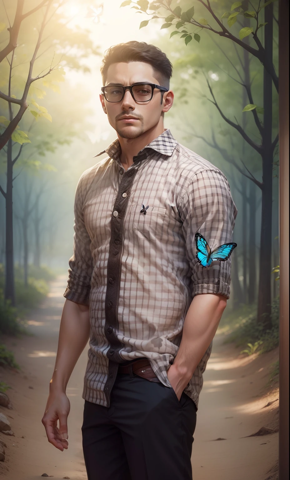 Change this image background and looking smart boy but real face.add background fantastic nature with butterfly and tree