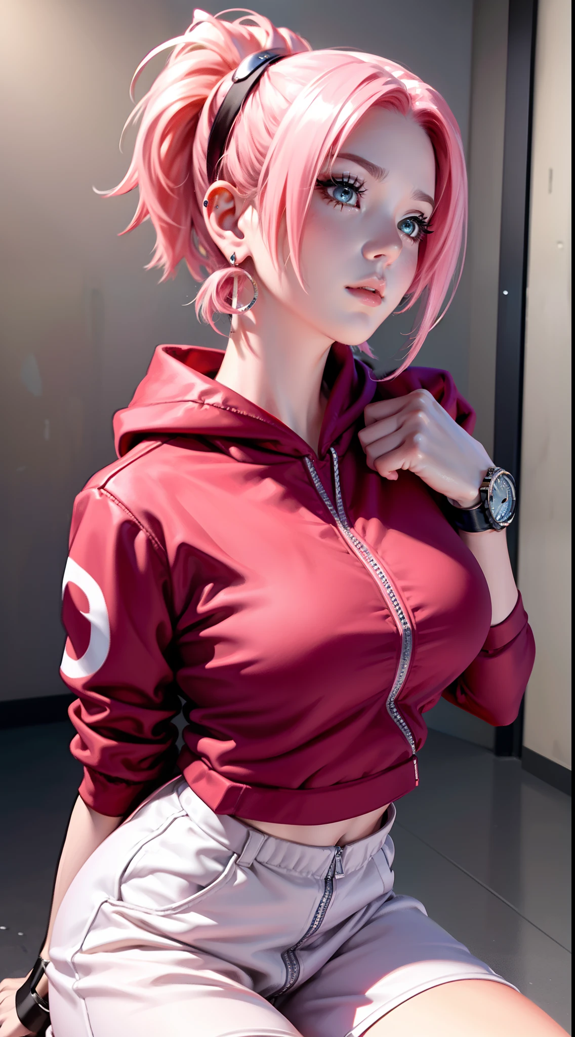 haruno sakura from anime naruto, pink hair, short hair, ponytail, wearing mascara, perfect body, perfect boobs, beautiful woman, very beautiful, wearing red nike hoodie, white jogger pants, wearing watch, wearing earrings, wearing nike shoes white, on the football field, Realism, masterpiece, textured skin, super detailed, high detail, high quality, best quality, 1080P, HD, 16k