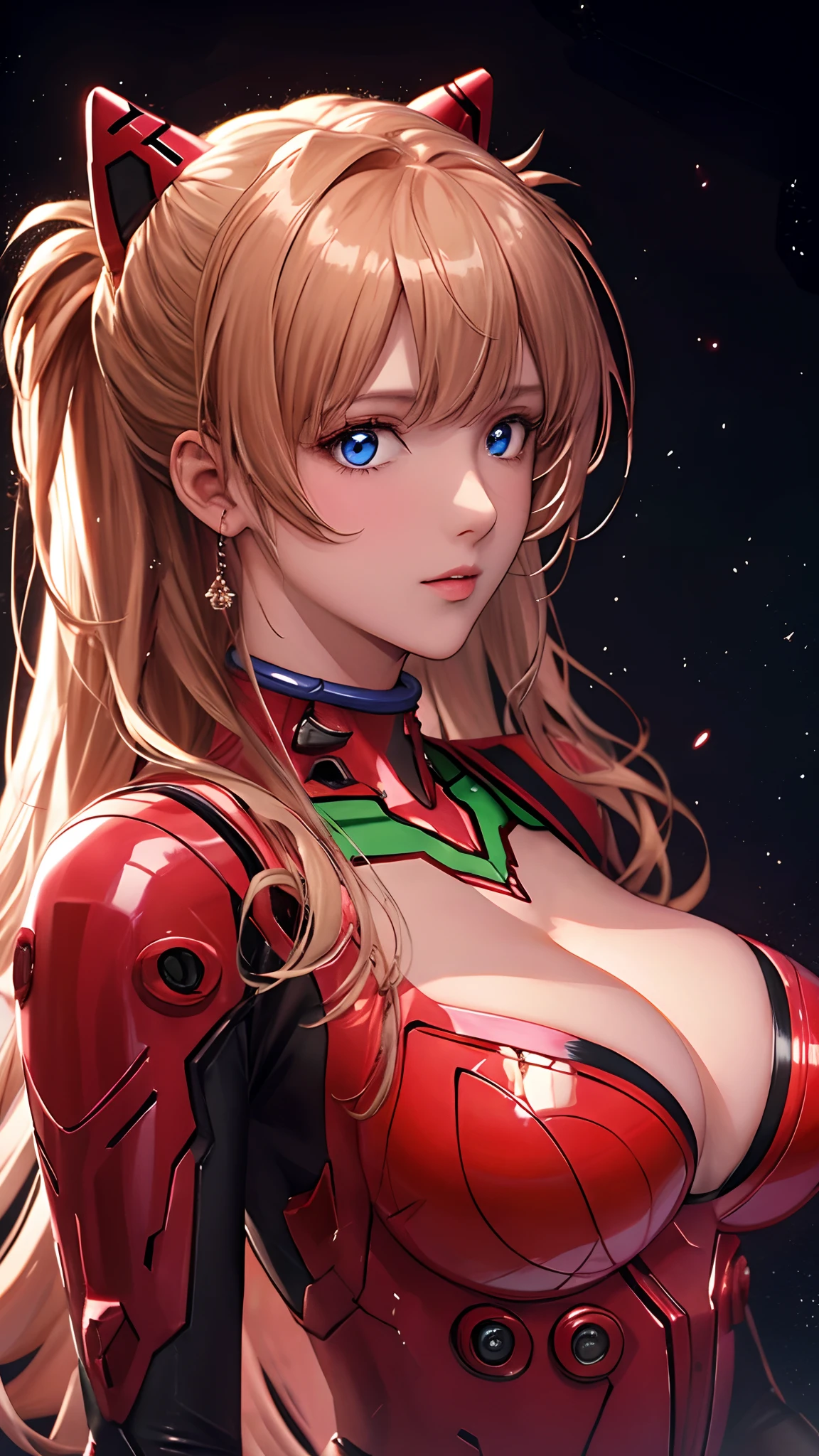 souryuuasukalangley，By bangs、Light_Particle、interface_headsed、souryuu_asuka_langley，（（（ Long blonde hair，red combat clothes，looking at viewert, There is light in the eyes，））），（（（Light and shadow interlace，white skinned，gigantic cleavage breasts，Raised ，laughingly，self-assured，））），Pink glowing clothes，The lighting of the play