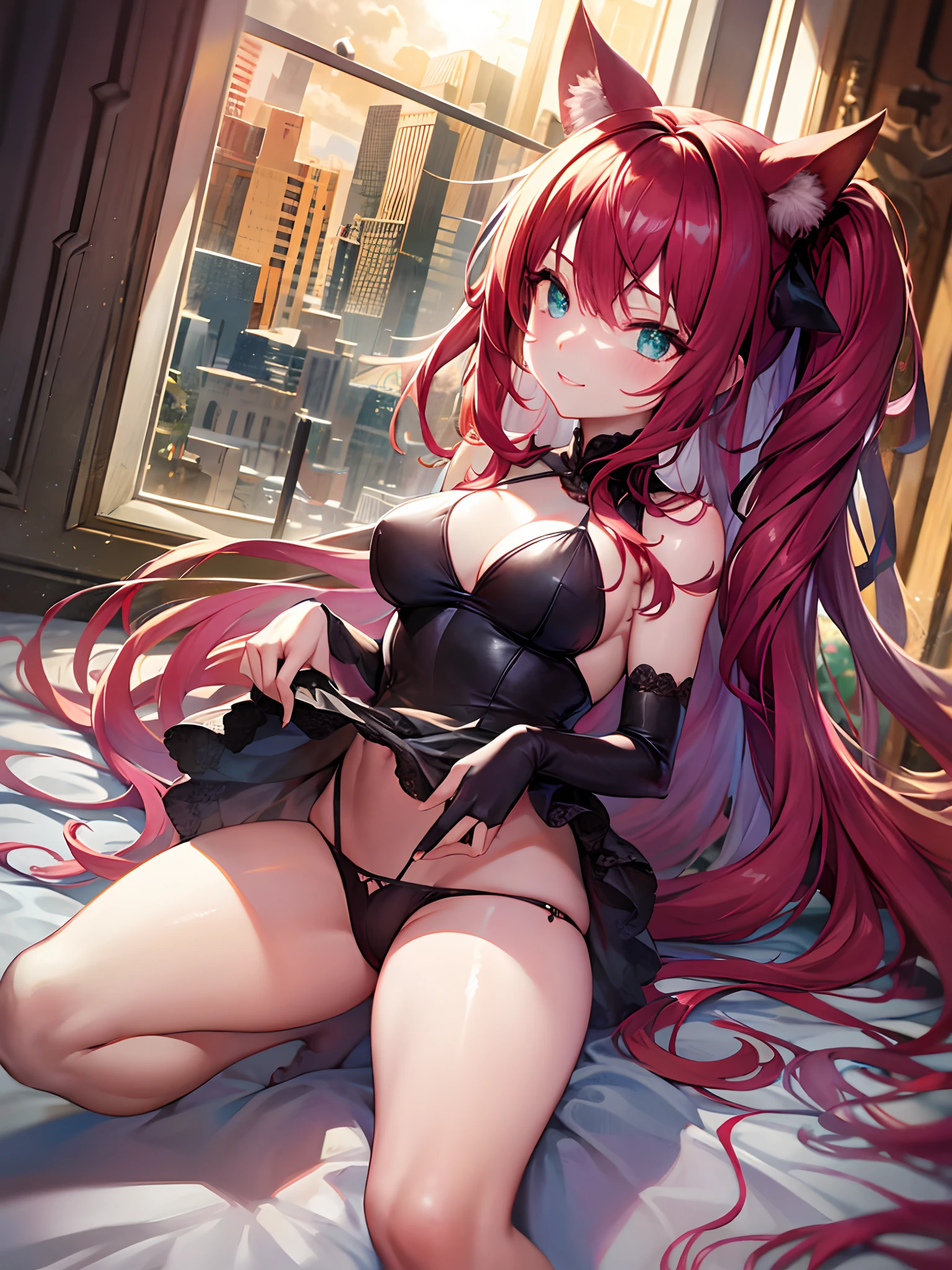 (Obra maestra:1.3), (Calidad perfecta:1.3), rias gremory, dentro, en la cama, ventana, puesta del sol, sin fondo, Parte superior blanca, ombligo, mentiroso, They are smiling, ojos cerrados, sonrojarse, almohada, mesa, en la parte posterior, Sin bragas