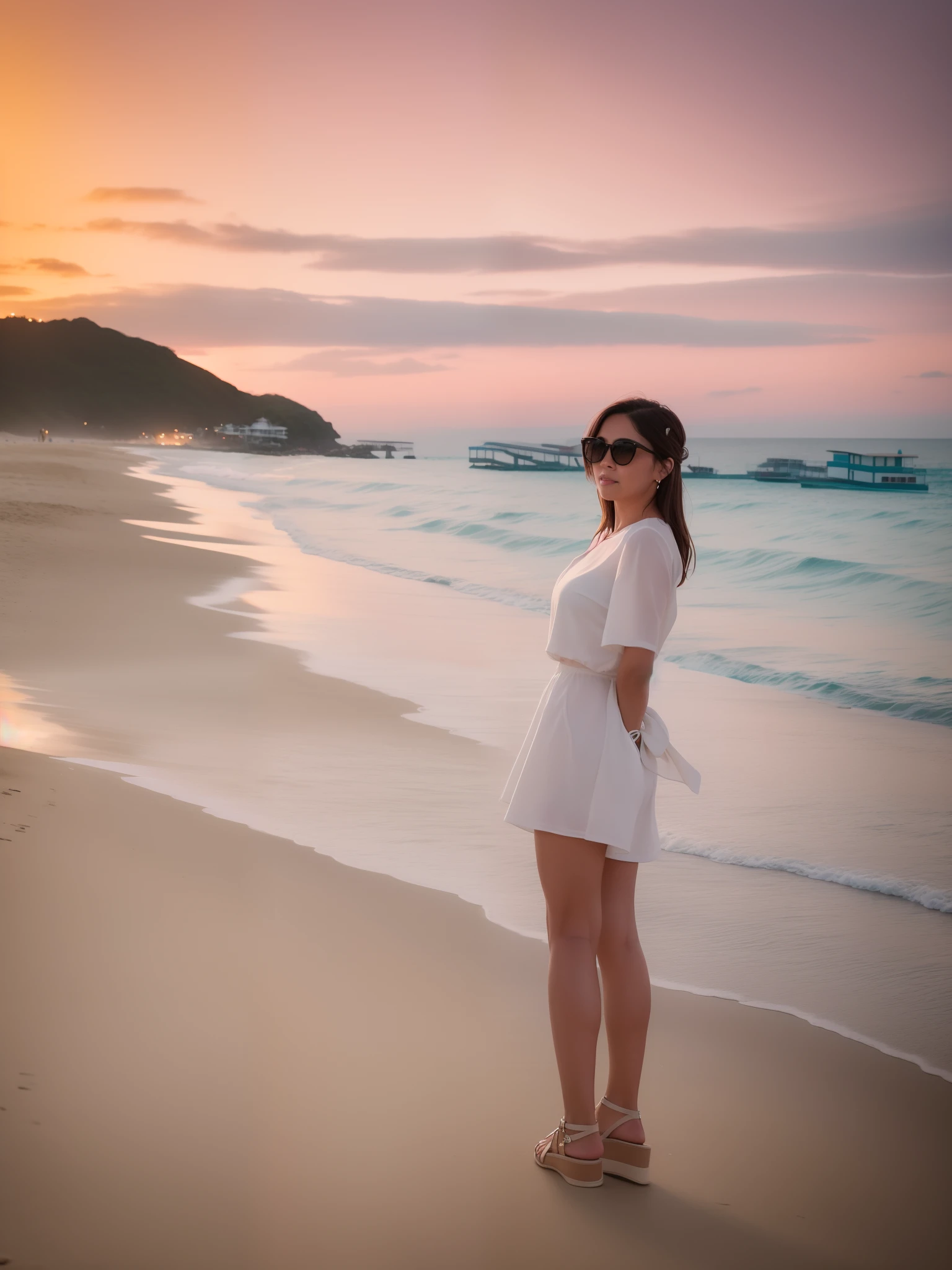 there is a woman standing on the beach looking out at the water, posing on a beach with the ocean, standing at the beach, vacation photo, standing on a beach in boracay, standing on a beach, at a tropical beach, the ocean in the background, 🤬 🤮 💕 🎀, in the beach, 3 0 years old woman