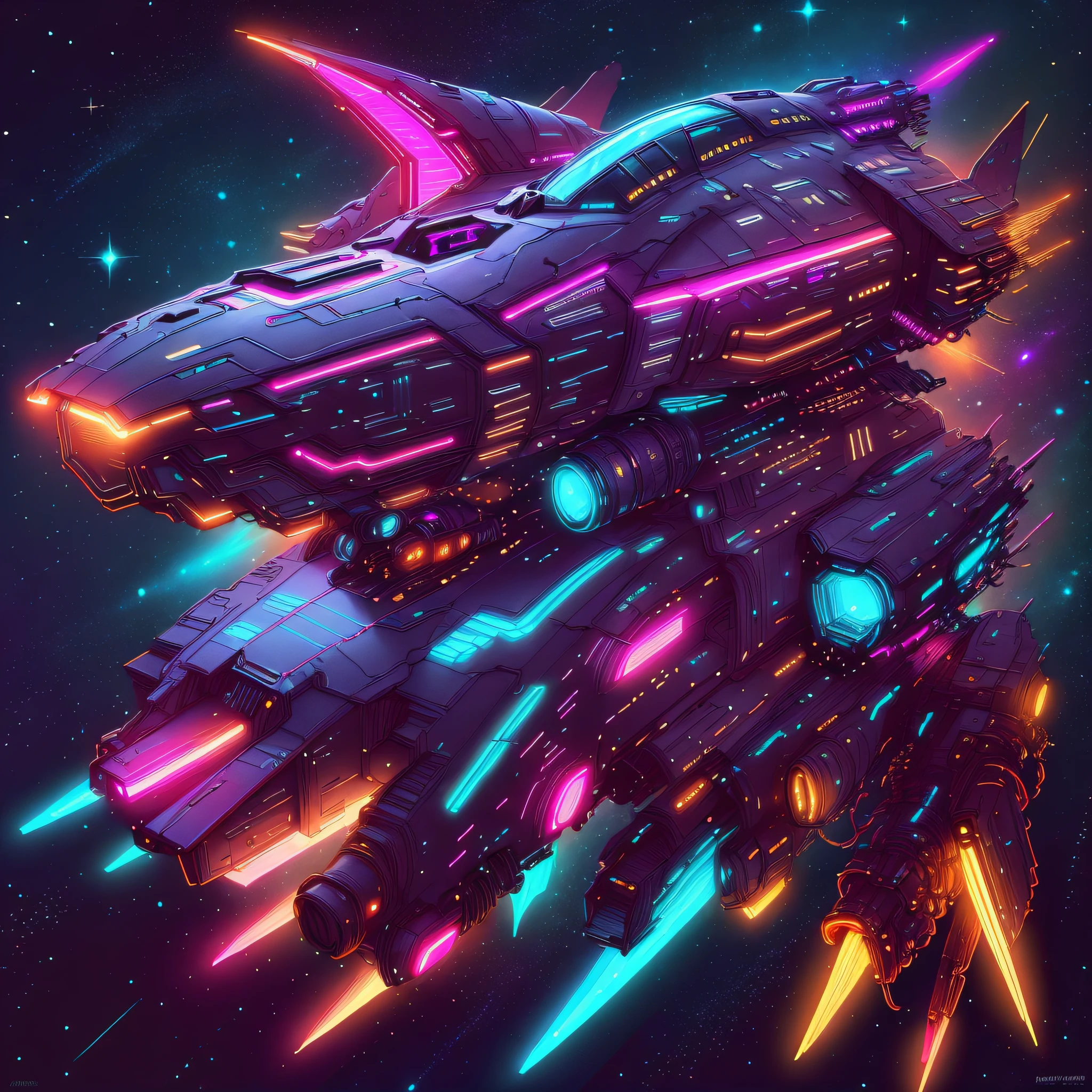 CyberPunkAI neon spaceship in space, stars