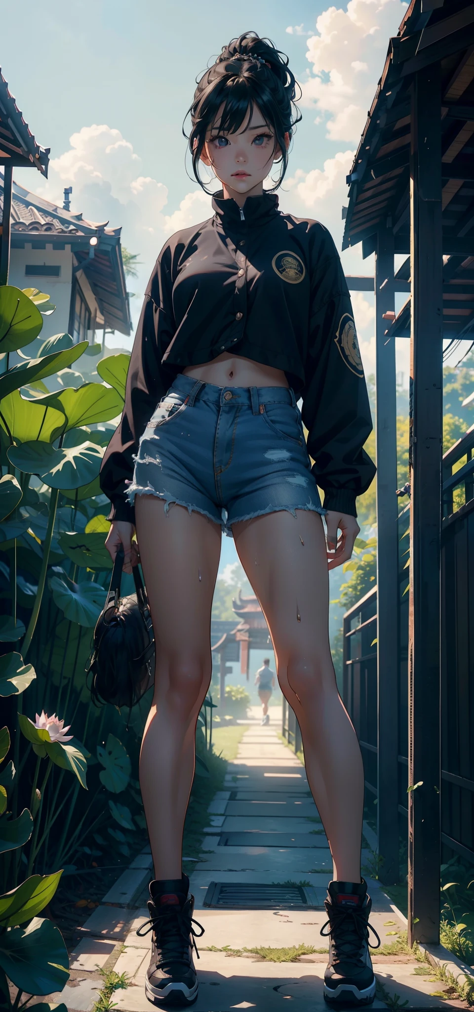 1female,3 years old,bit girl,Small loli,huge-breasted,Pornographic exposure, 独奏,(Background with:bamboo forrest,lotuses,lotus flower,exteriors,Lotus pond) She has short black hair,Qi bangs,Doll head,standing on your feet,Sweat profusely,drenched all over the body,seen from the front, hair straight, mostly cloudy sky,(((tmasterpiece),(Very detailed CG unity 8K wallpaper),best qualtiy,cinmatic lighting,detailed back ground,beatiful detailed eyes,Bright pupils,Black eyes,(Very fine and beautiful),(Beautiful and detailed eye description),ultra - detailed,tmasterpiece,)),facing at camera,A high resolution,ultra - detailed),revealing breasts,Bare genitalia, Bulge,legs are open,Raised sexy,Camel toes,Flushed complexion,Open-mouthed,frontage,elementary student,(Black baseball jacket,Slave girl collar,Denim panties,black sneaker shoes,nakeness)Full body photo,Show shoes