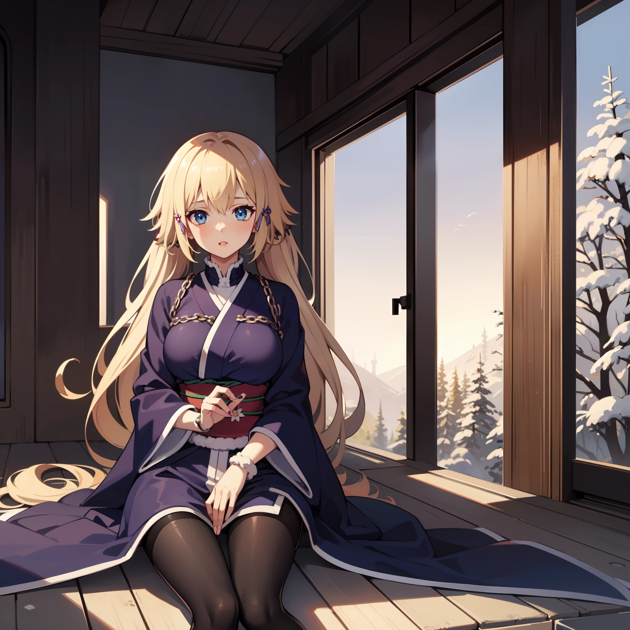 masterpiece, high quality, extremely detailed, 1girl, milf, solo, large breasts, jeanne d'arc, blonde hair, very long hair, twintails, blue eyes, parted lips, fingernails, pink kimono, black pantyhose, winter forest, anime