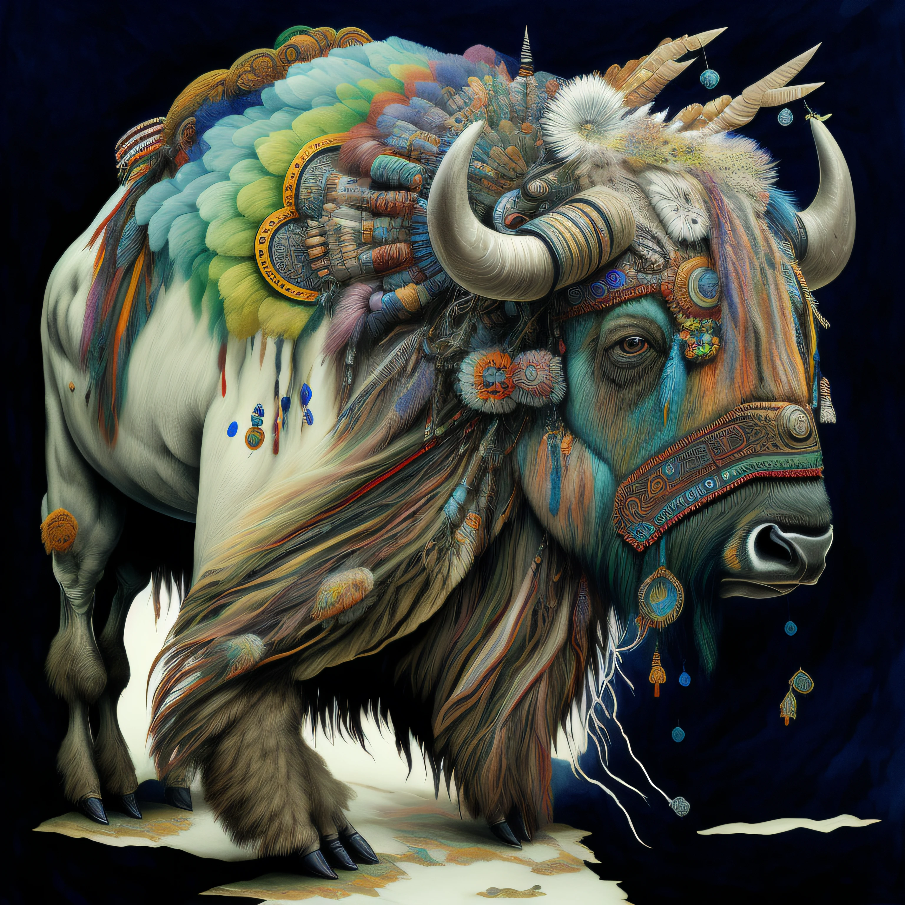 painting of a bison with a colorful headdress and feathers, bison god, inspired by Giuseppe Bernardino Bison, insanely intricate, buffalo, highly detailed and colored, very detailed and colorful, surreal hybrid animals, detailed art in color, grizzled, ultra detailed color art, full color illustration, hyper detailed visionary art, highly detailed visionary art, exceedingly insanely intricate
