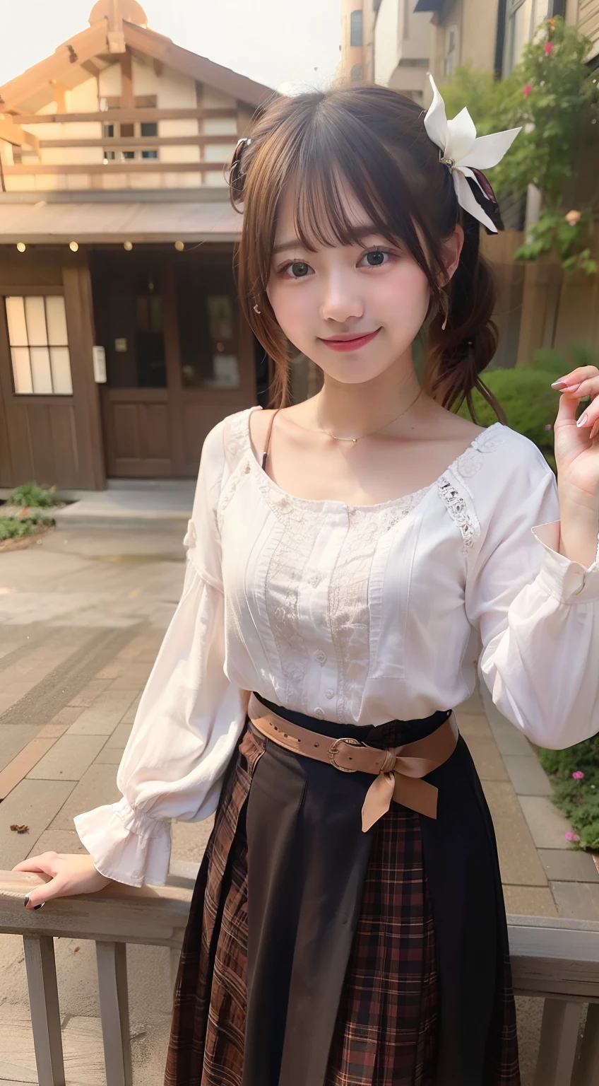 masterpiece, top-quality, hight resolution, TS2, Brown-eyed, PINK SHIRT, long skirt, a belt, long-sleeve, breastsout, cowboy shot, is standing, looking at the viewers, outside of house,A smile、The upper part of the body、a picture、japanes、High school students、cute little,15yo student