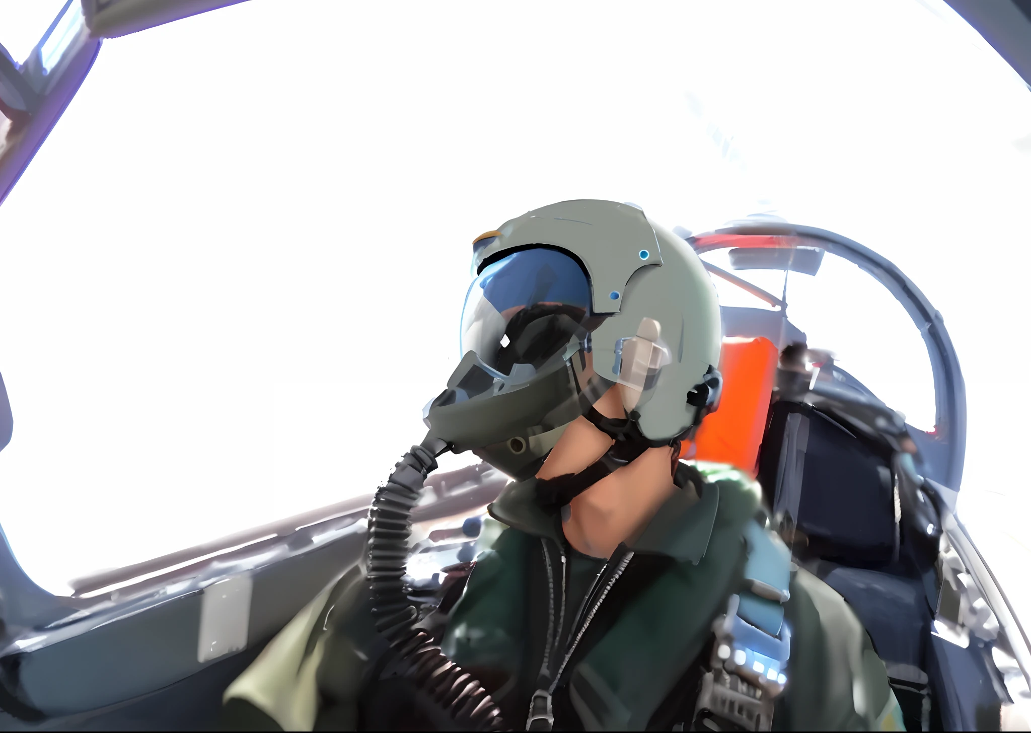 Alafed pilot in the cockpit of an airplane wearing a helmet and goggles, Fighter pilot in the cockpit, In the cockpit of a fighter, Helmet View, Visor wearer's Perspective, Nose under visor, Jet fighter pilots of the 70s, in cockpit, Military Pilot Uniform, Advanced Technology Flight Suit