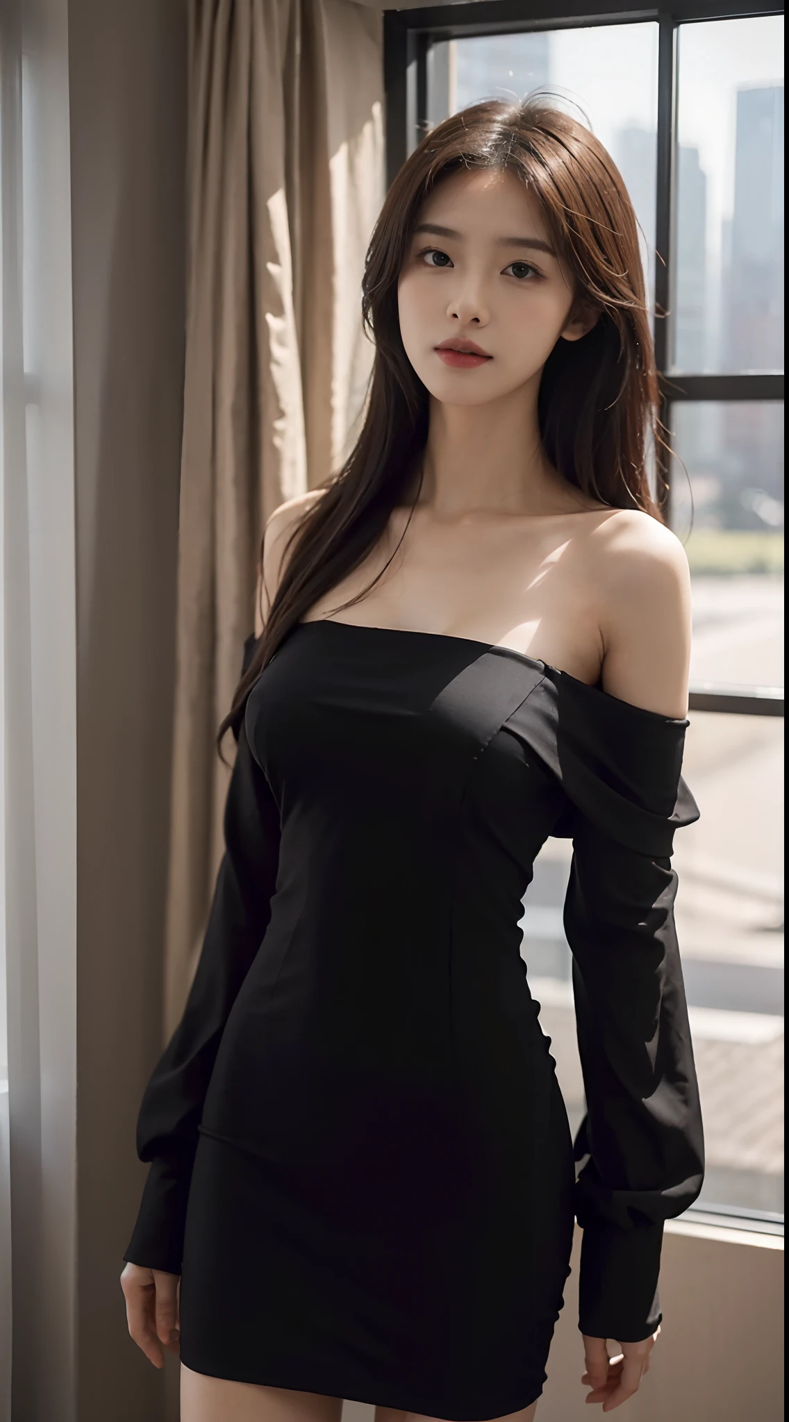 ((Realistic lighting, best qualtiy, 8K, tmasterpiece:1.3)), sharp fokus:1.2,Korean woman standing in front of a floor-to-ceiling window in the rain,voluminous hair,Delicate face,Photorealsitic,Wearing a black dress,Cropped dress,Off-the-shoulder,Dress around the neck,Slim,sexy for,Big breasts,Exposed sulcus,