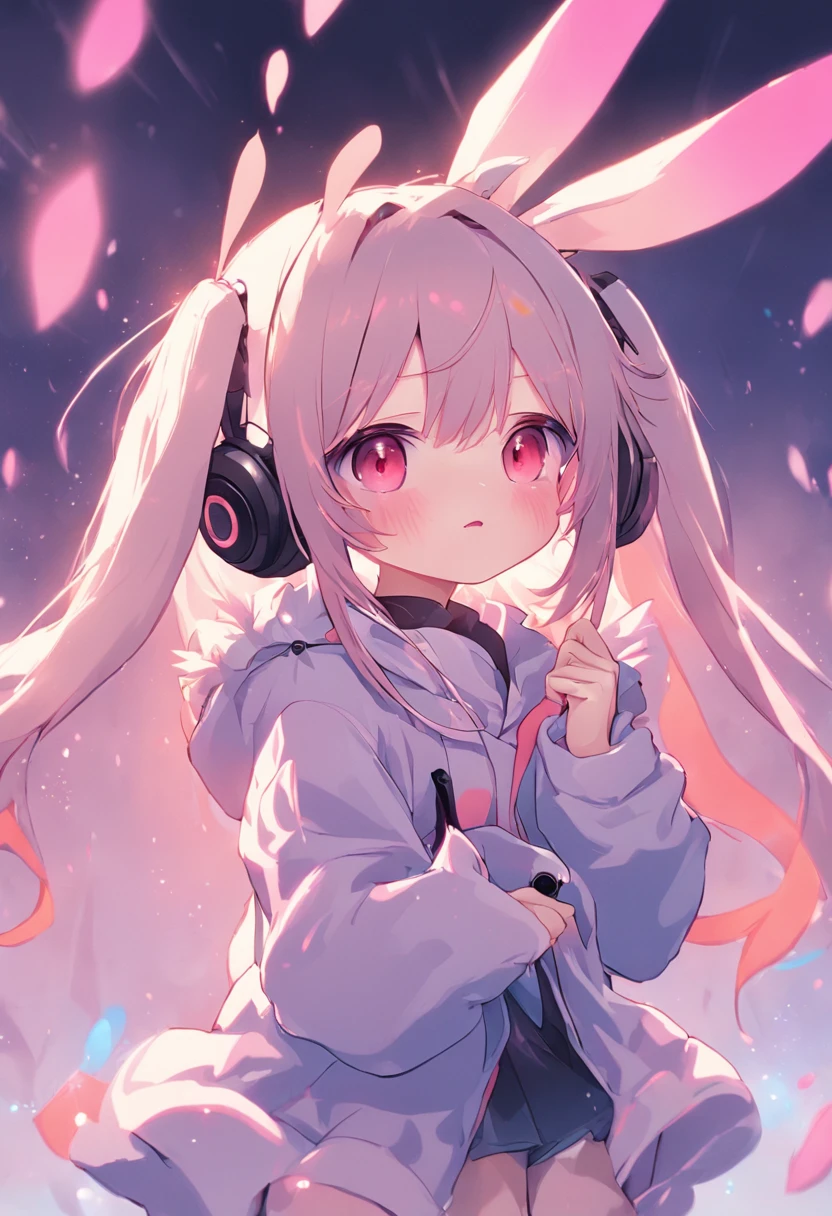 with headphones on、Anime characters with ears and rabbit ears, with big rabbit ears, , with bunny ears, anime ears, Rabbit ears, cute ears, Splash art anime Lolith long floppy rabbit ears, Bunny ears, original chibi bunny girl, 8K!, Anime moe art style, with bunny rabbit ears, Large ears, Bunny Girl, Round ears,vibrant with colors