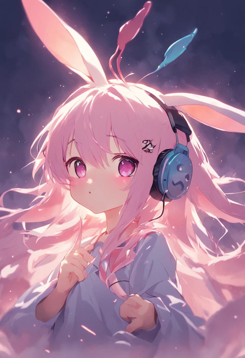 with headphones on、Anime characters with ears and rabbit ears, with big rabbit ears, , with bunny ears, anime ears, Rabbit ears, cute ears, Splash art anime Lolith long floppy rabbit ears, Bunny ears, original chibi bunny girl, 8K!, Anime moe art style, with bunny rabbit ears, Large ears, Bunny Girl, Round ears,vibrant with colors