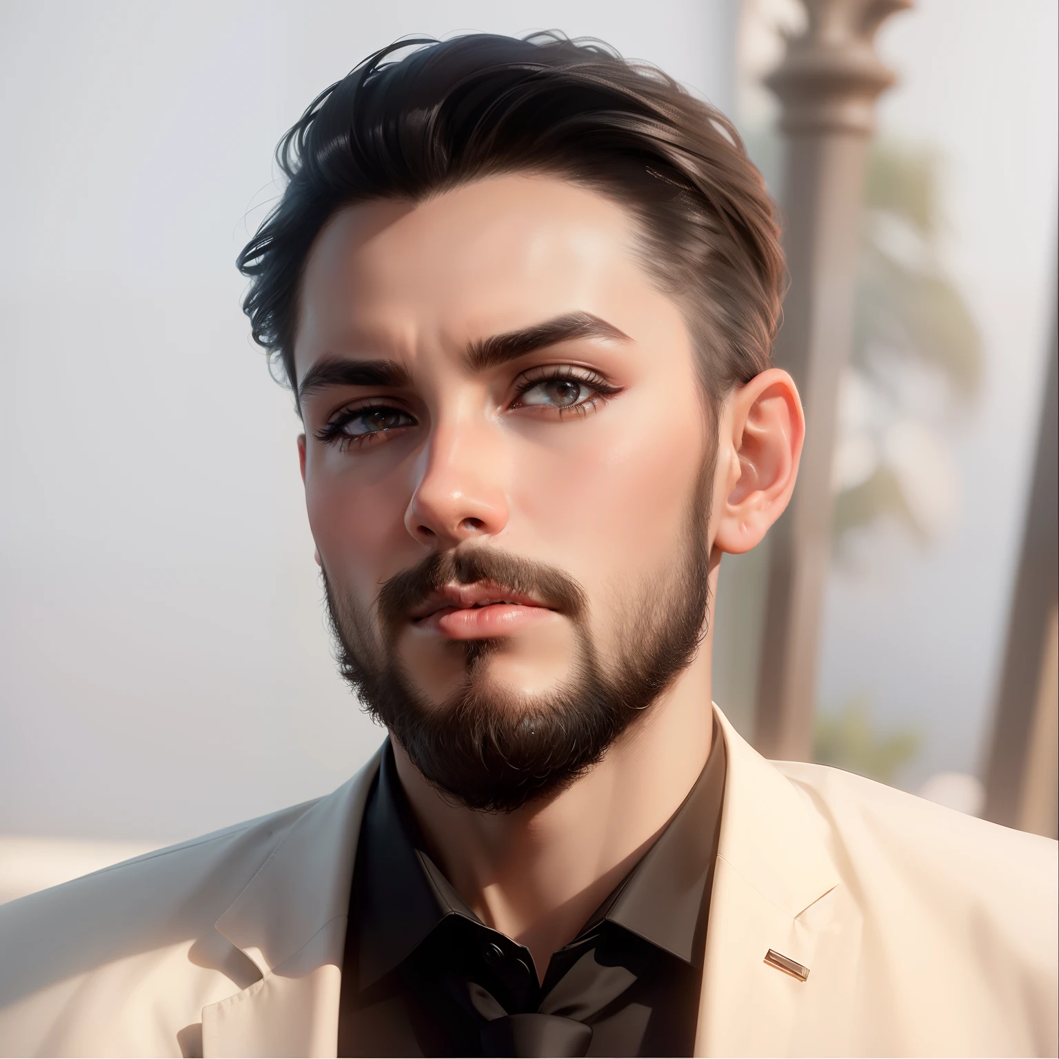 Real face, attractive and serious look, short dark hair, stylish and elegant, (high quality and realistic image), in the background of the dark black image and lights, cinematic style, ((Best quality, 8k, Masterpiece).