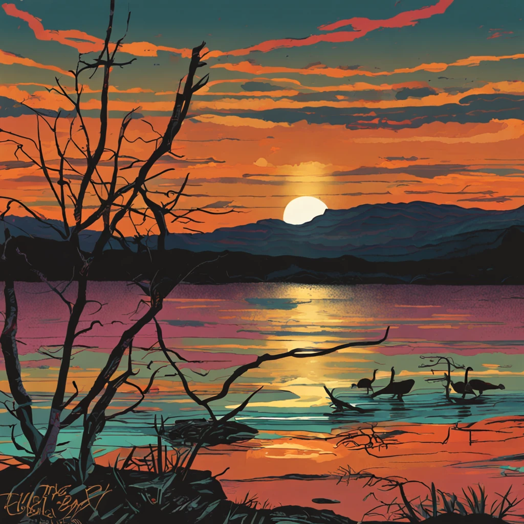 Pa painting of a sunset over a lake, uma pintura de arte de Yvonne Jacquette, deviantart, Pintura de cena americana, Non-Instagram art, pintura detalhada, oil on the canvas