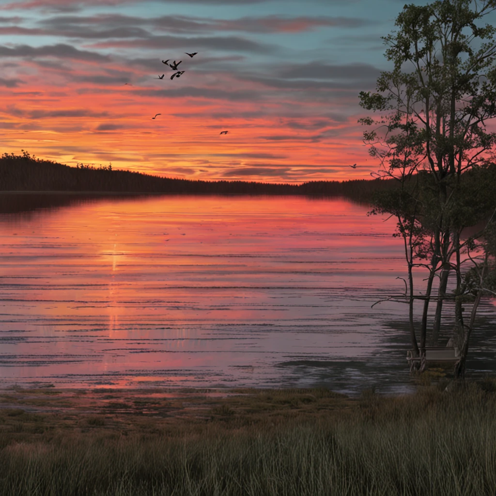 Pa painting of a sunset over a lake, uma pintura de arte de Yvonne Jacquette, deviantart, Pintura de cena americana, Non-Instagram art, pintura detalhada, oil on the canvas